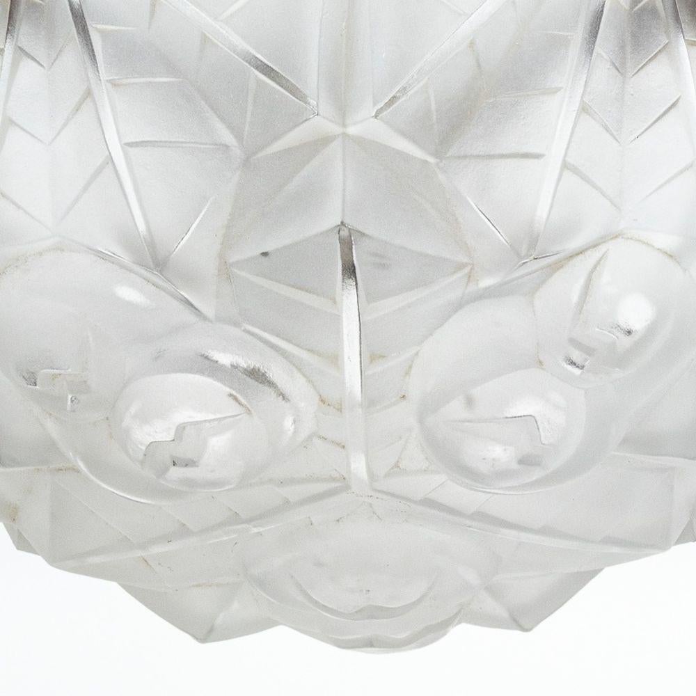 Art Deco Frosted Glass Chandelier, with chrome hardware and six light bulb fittings. 19