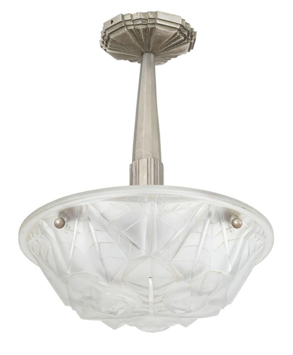 Art Deco Frosted Glass Chandelier In Good Condition For Sale In Astoria, NY