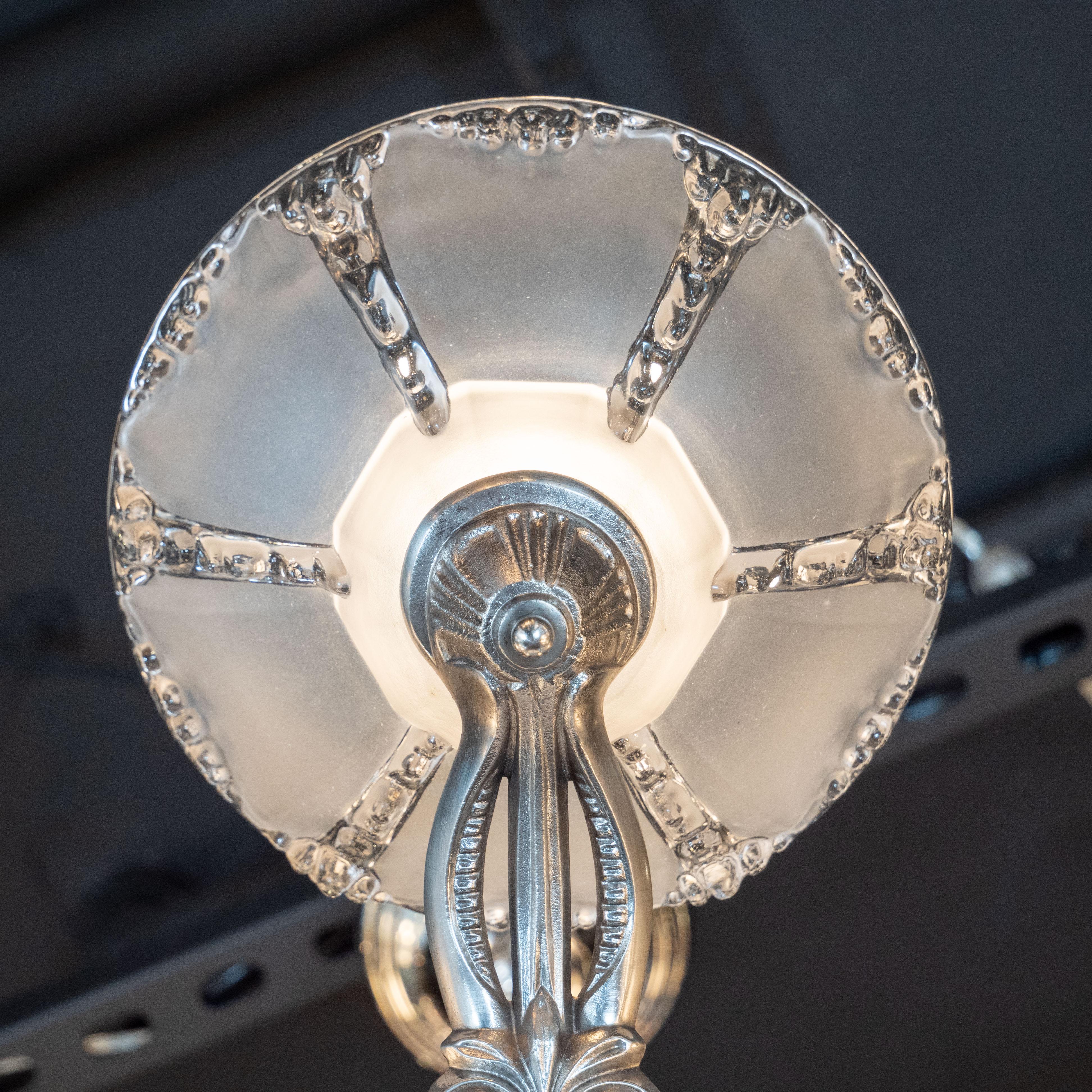 Art Deco Frosted Glass Chandelier with Silvered Bronze Fittings, Ezan & Petitot 4