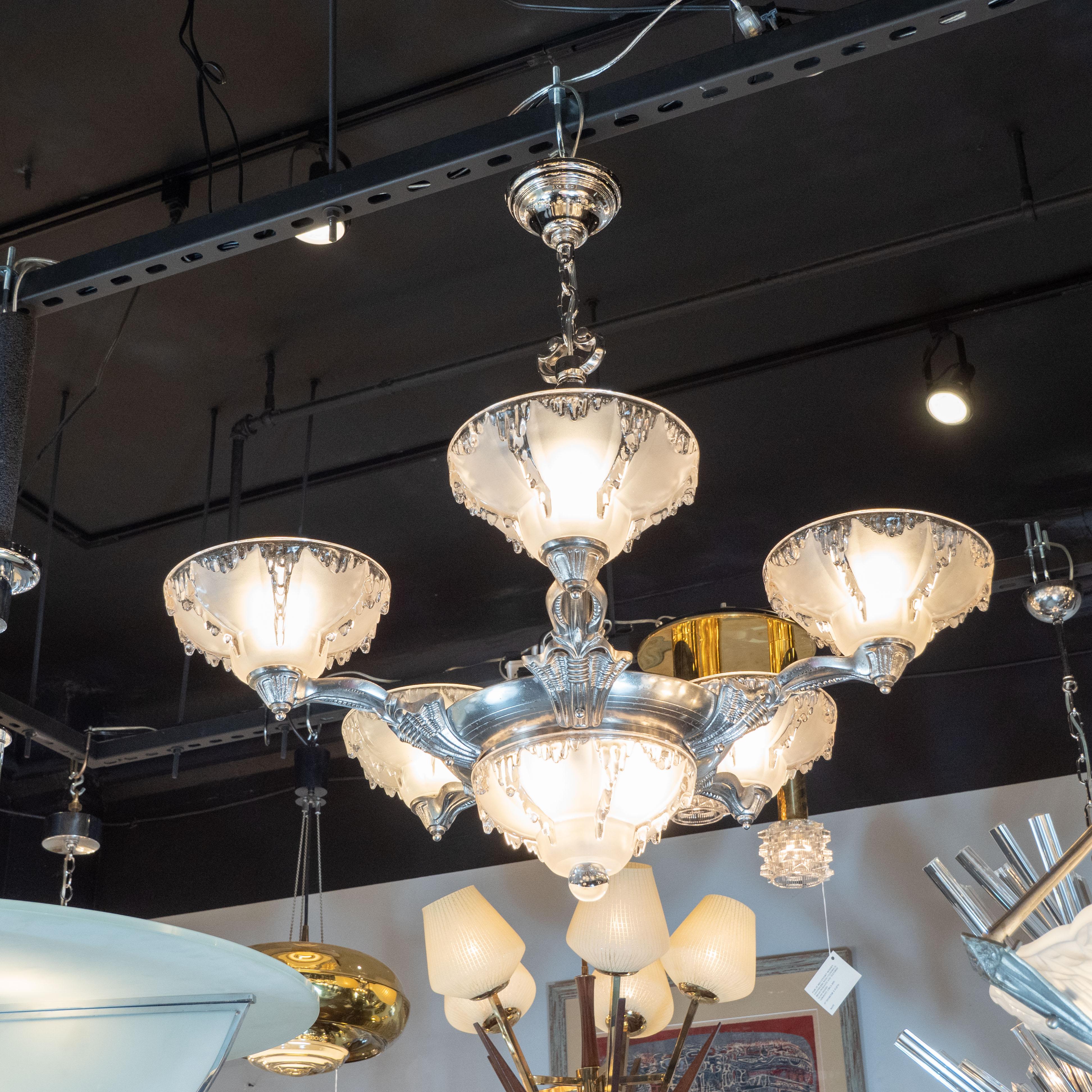 Art Deco Frosted Glass Chandelier with Silvered Bronze Fittings, Ezan & Petitot 5