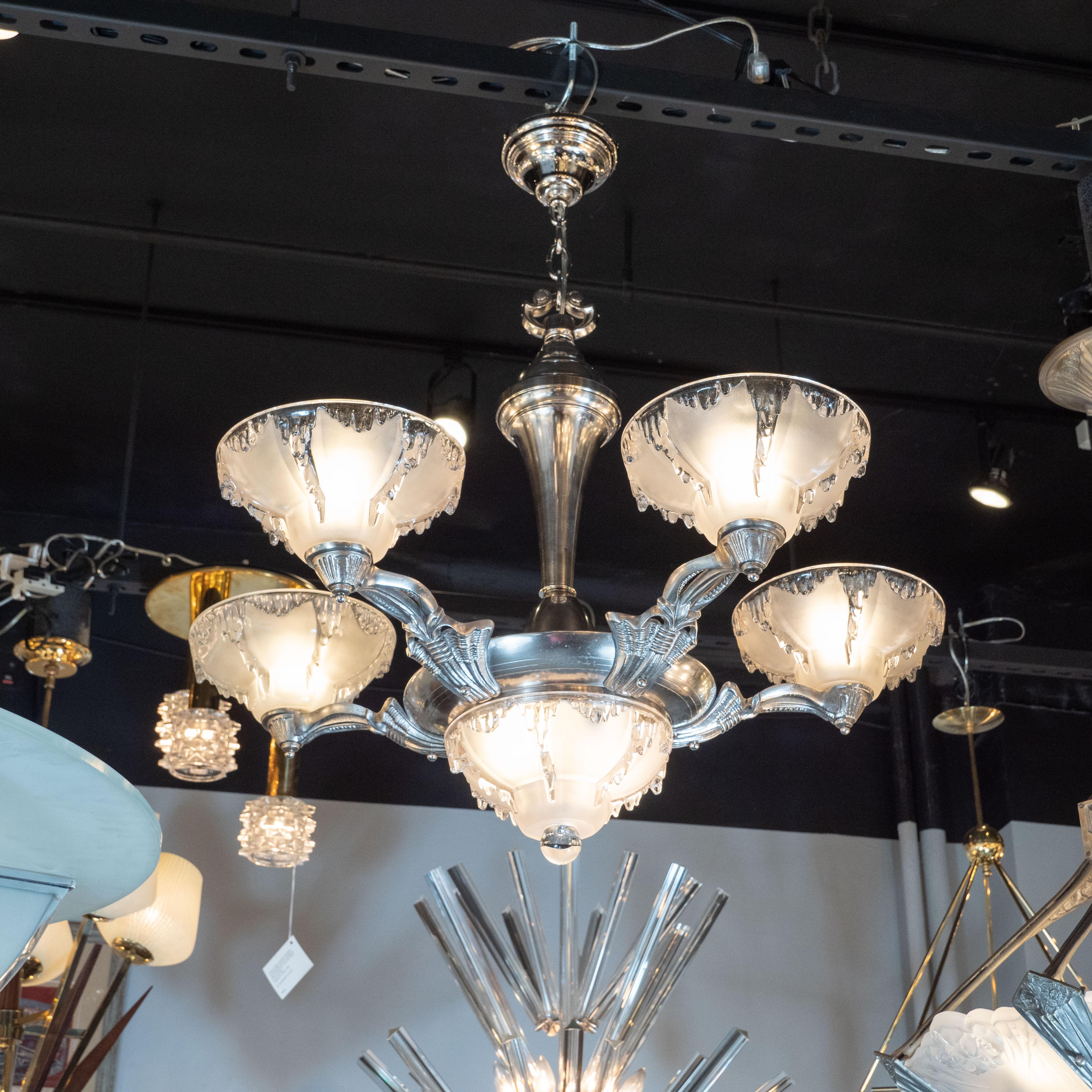 French Art Deco Frosted Glass Chandelier with Silvered Bronze Fittings, Ezan & Petitot