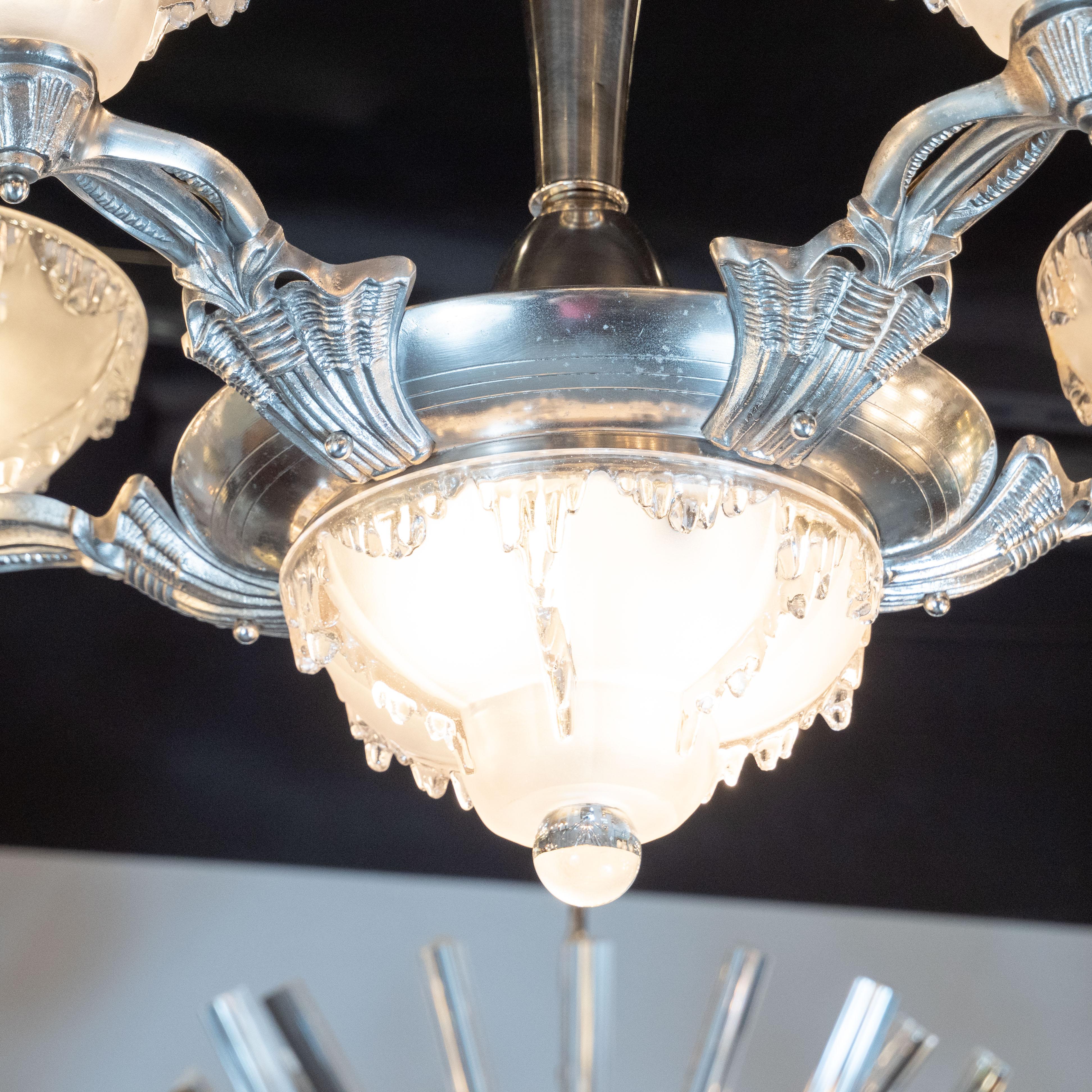 Art Deco Frosted Glass Chandelier with Silvered Bronze Fittings, Ezan & Petitot In Excellent Condition In New York, NY