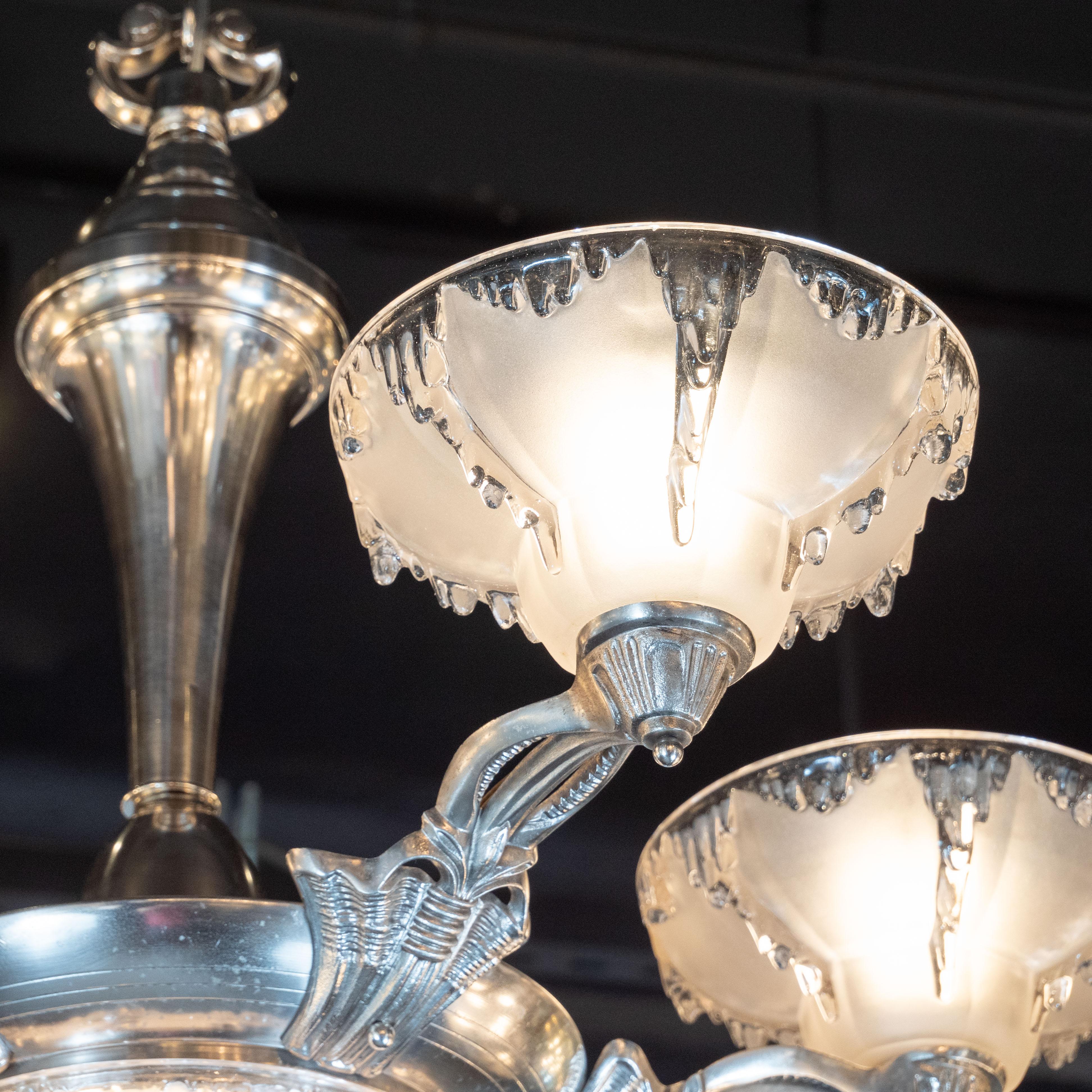 Mid-20th Century Art Deco Frosted Glass Chandelier with Silvered Bronze Fittings, Ezan & Petitot
