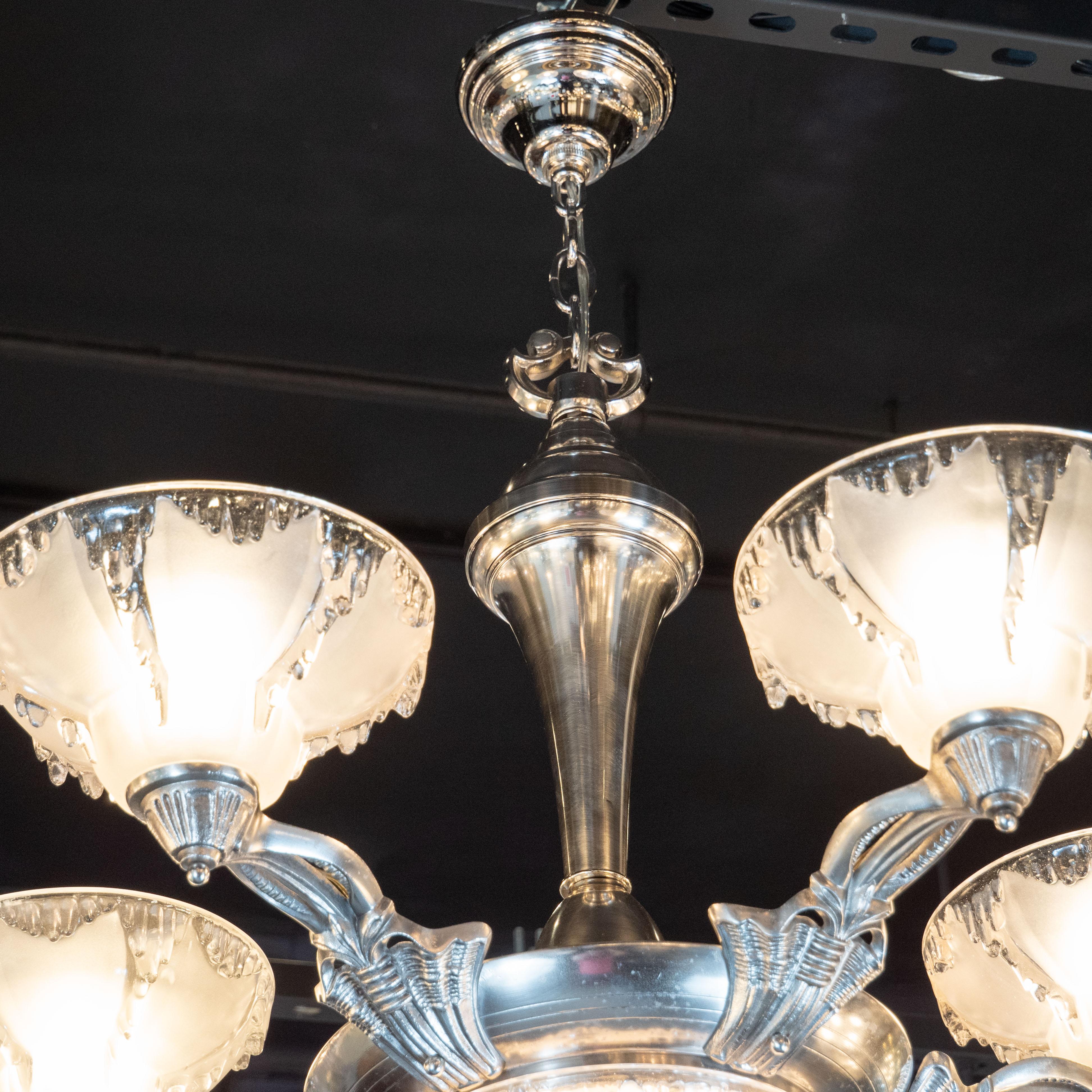 Blown Glass Art Deco Frosted Glass Chandelier with Silvered Bronze Fittings, Ezan & Petitot