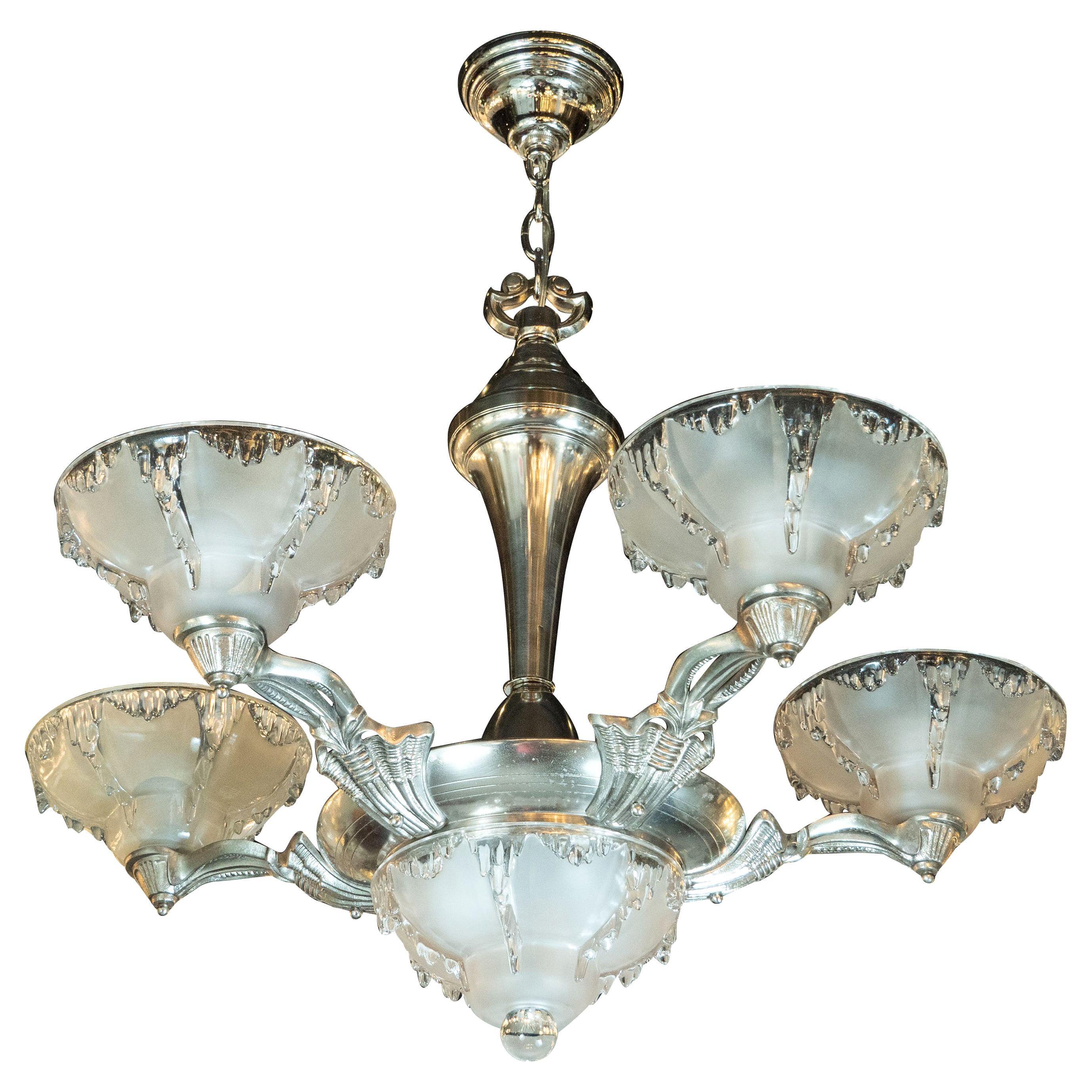Art Deco Frosted Glass Chandelier with Silvered Bronze Fittings, Ezan & Petitot