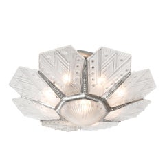 Art Deco Frosted Glass Cubist Geometric Detail & Fluted Chandelier Signed Leleu