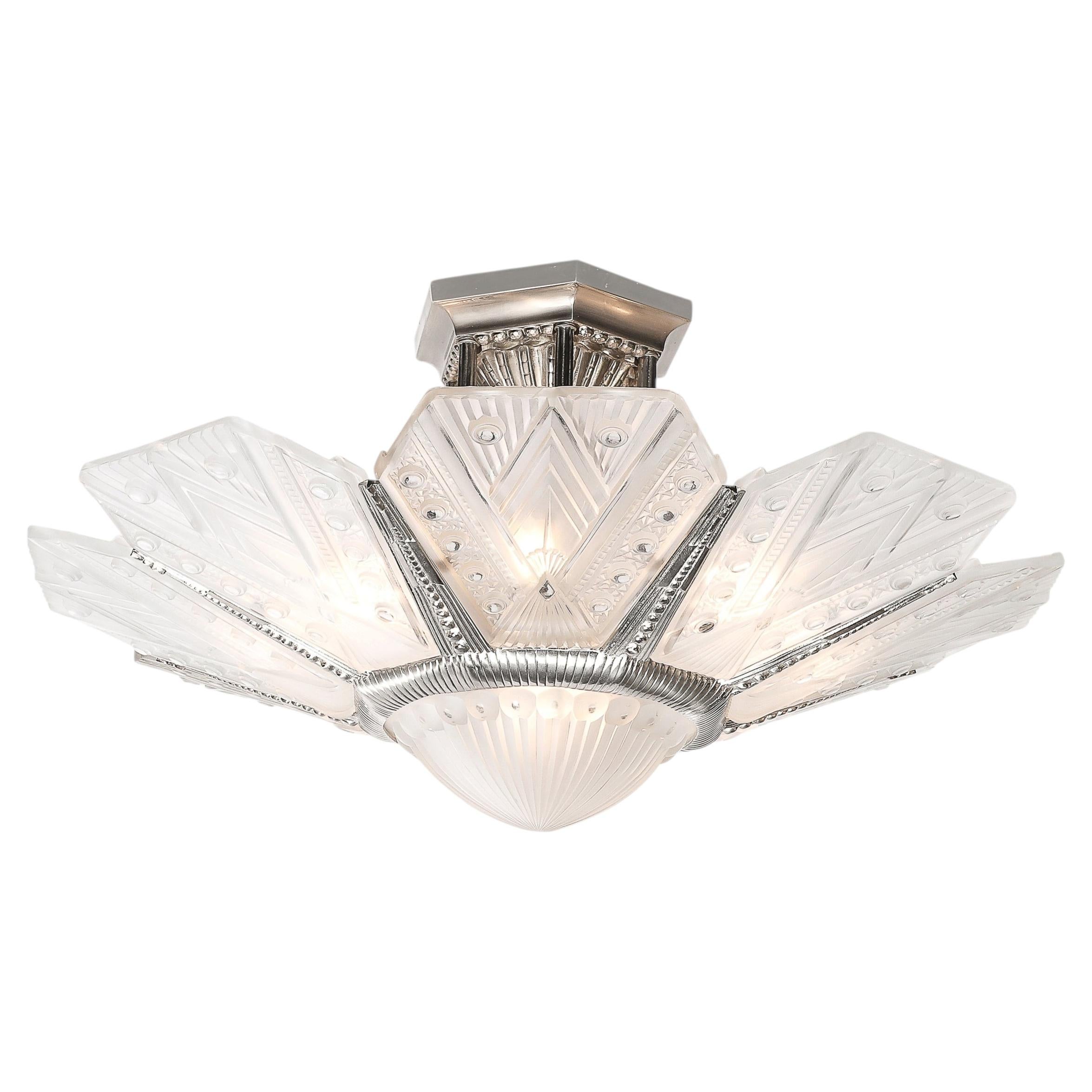 Art Deco Frosted Glass Cubist Geometric Detail & Fluted Chandelier Signed Leleu For Sale