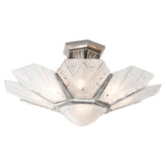 Art Deco Frosted Glass Cubist Geometric Detail & Fluted Chandelier Signed Leleu