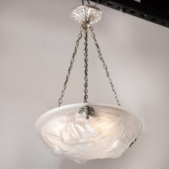 Art Deco Frosted Glass Cubist Sparrow Chandelier with Silvered Bronze Fittings
