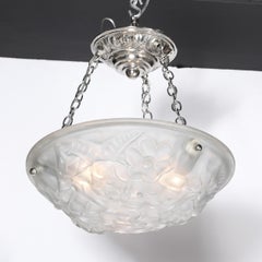 Art Deco Frosted Glass Floral Cubist Chandelier w/ Chrome Fittings Signed Degué