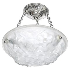 Art Deco Frosted Glass Floral Cubist Chandelier w/ Chrome Fittings Signed Degué