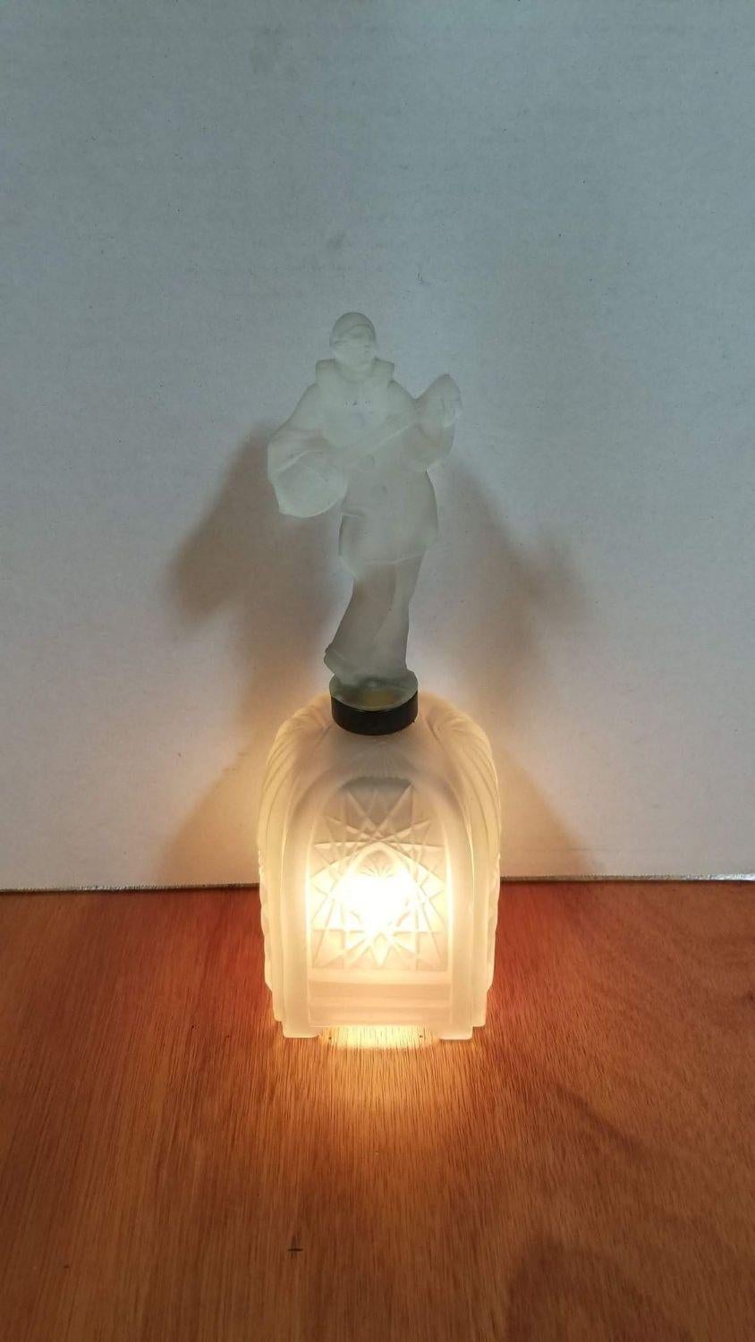 Early 20th Century Art Deco Frosted Glass Jester Figurine Lamp For Sale