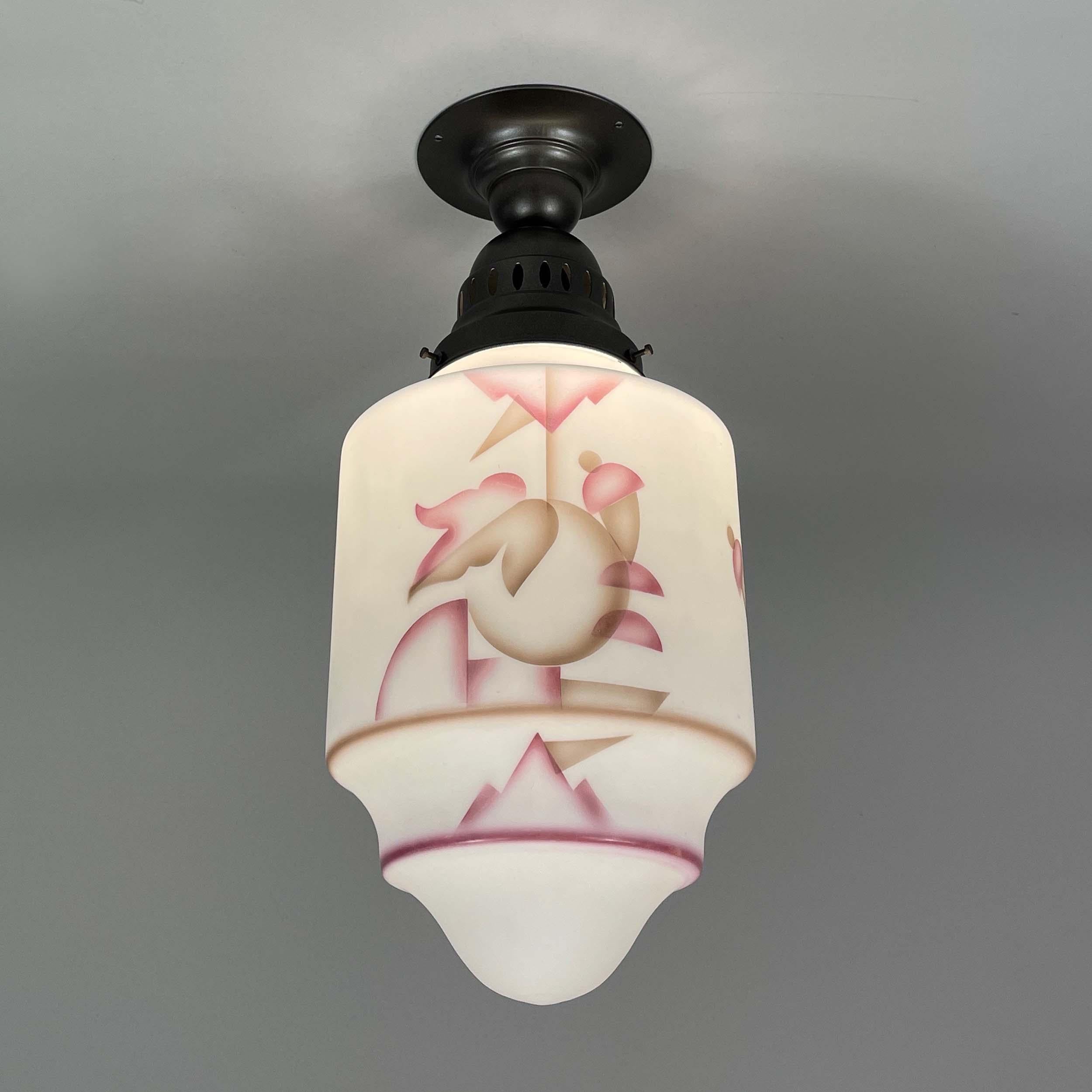 Art Deco Frosted Glass Paintbrush & Burnished Metal Flush Mount, Germany 1930s For Sale 10