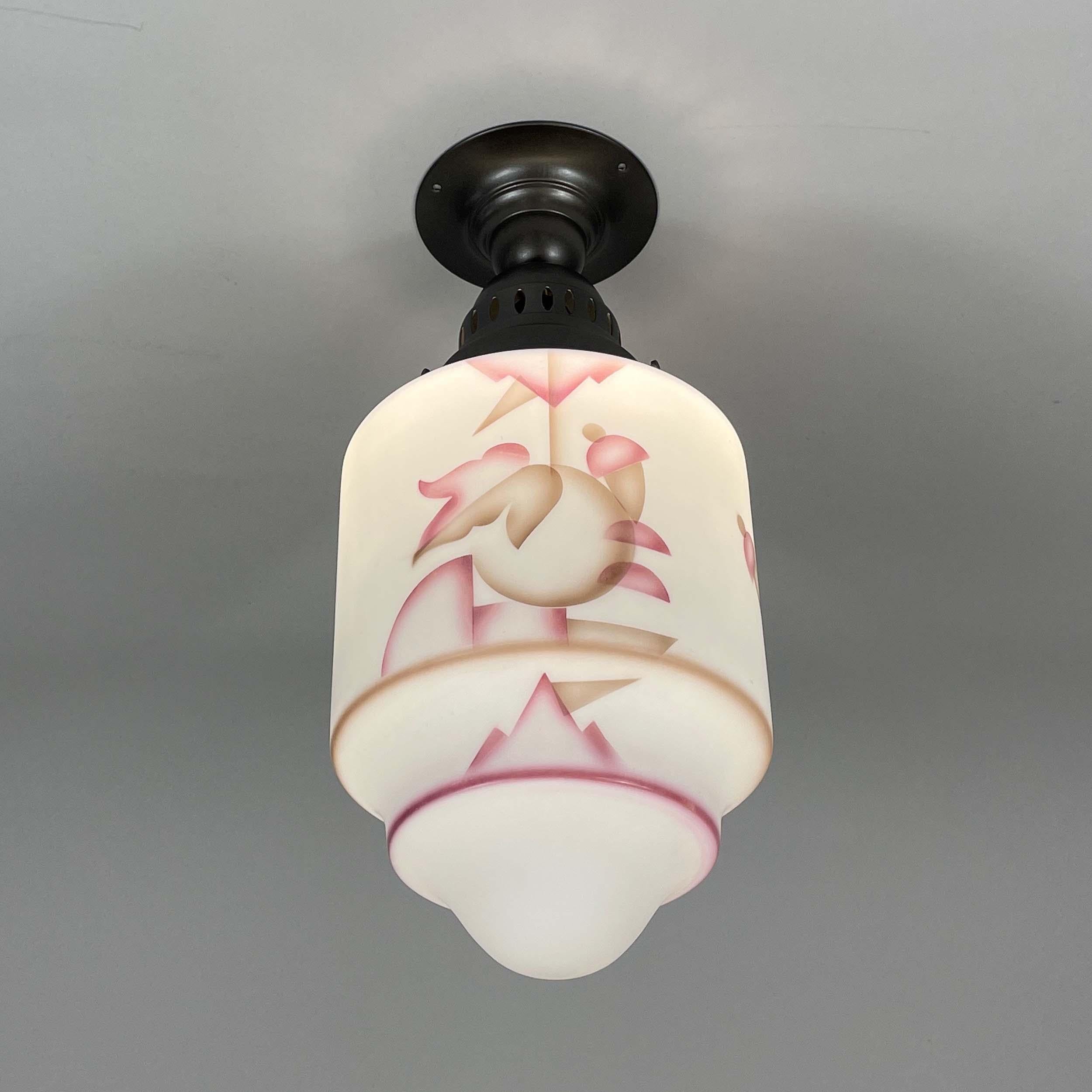 Art Deco Frosted Glass Paintbrush & Burnished Metal Flush Mount, Germany 1930s For Sale 3