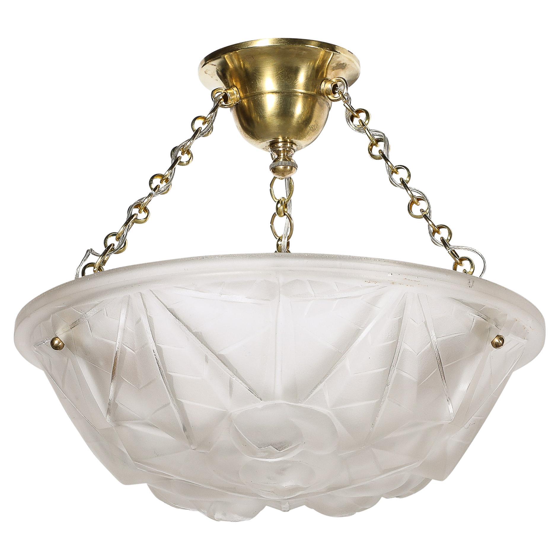 Art Deco Frosted Glass Pendant Chandelier W/ Brass Fittings Signed Degué