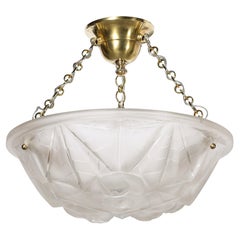 Art Deco Frosted Glass Pendant Chandelier W/ Brass Fittings Signed Degué