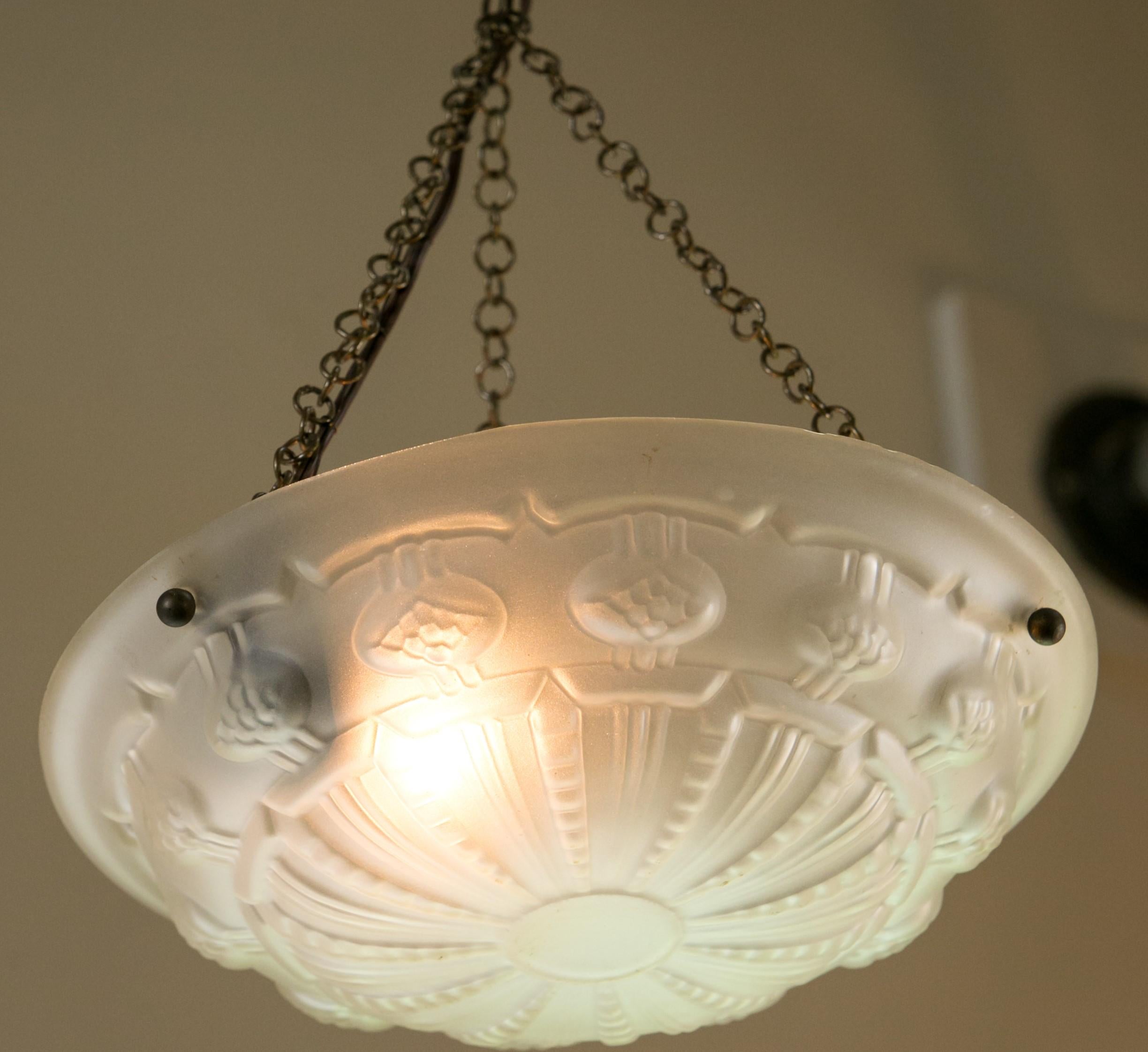 French Art Deco Frosted Glass Pendant For Sale