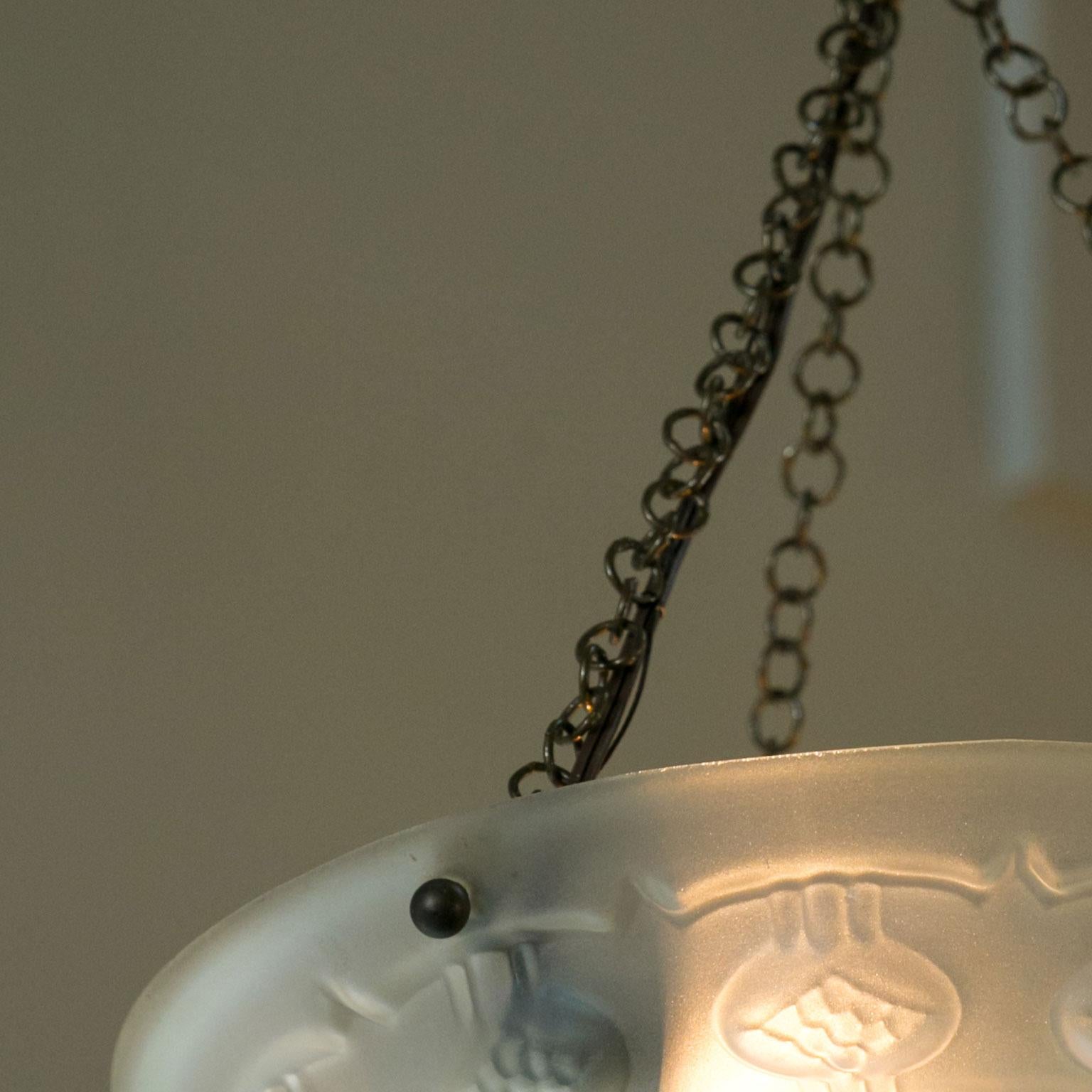 Embossed Art Deco Frosted Glass Pendant For Sale