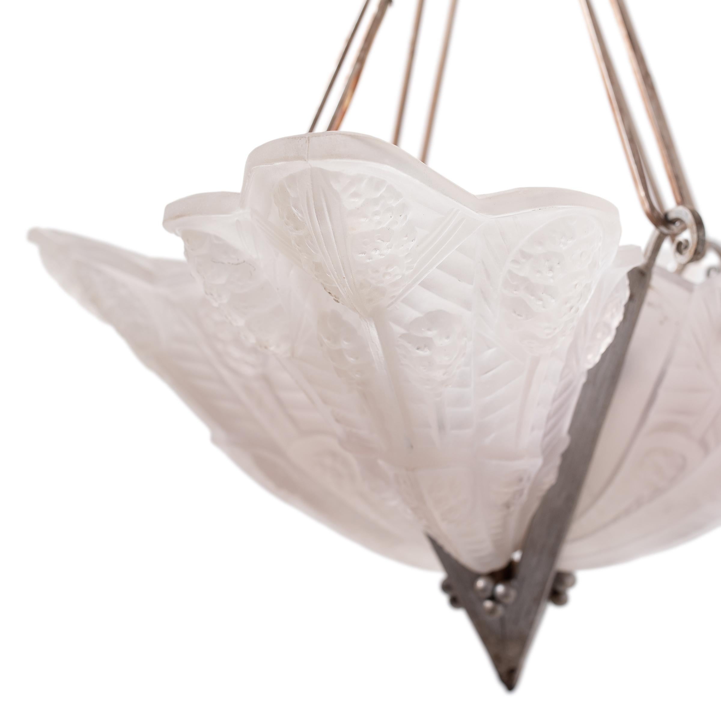 20th Century French Art Deco Frosted Glass Pendant Light, c. 1930 For Sale