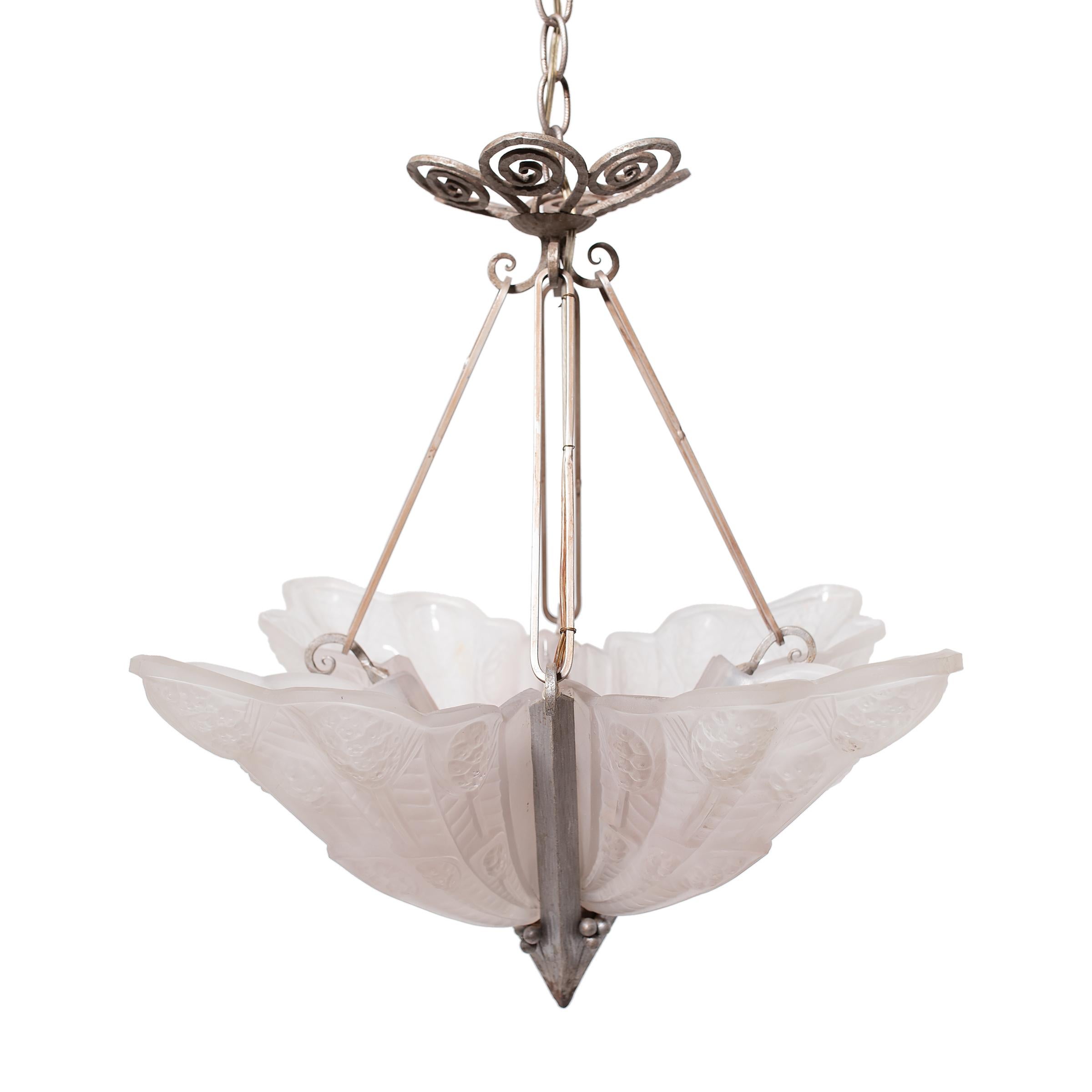 French Art Deco Frosted Glass Pendant Light, c. 1930