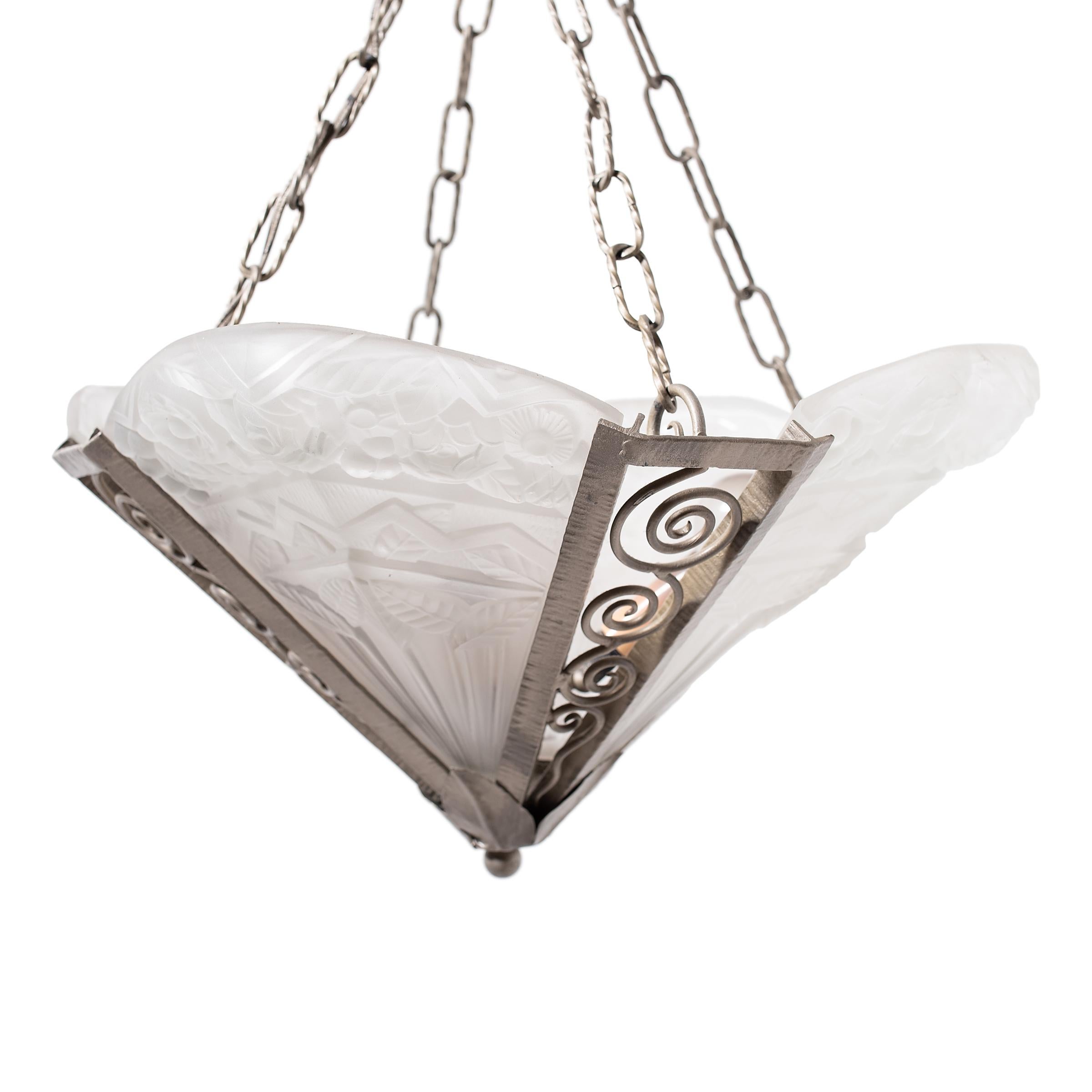 French Art Deco Frosted Glass Pendant Light, circa 1930 For Sale
