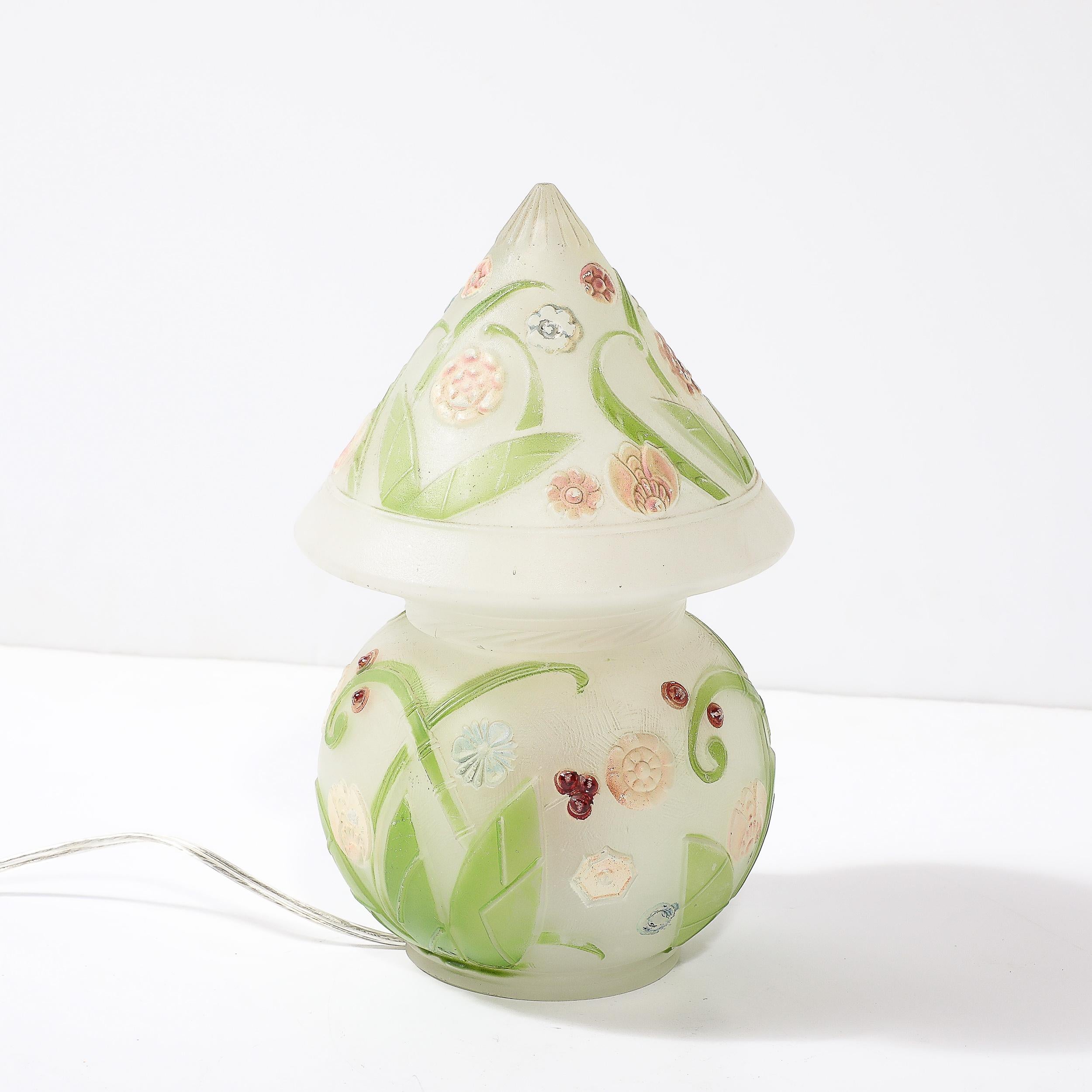 Art Deco Frosted Glass Table Lamp W/ Hand-Painted Floral Motif 5