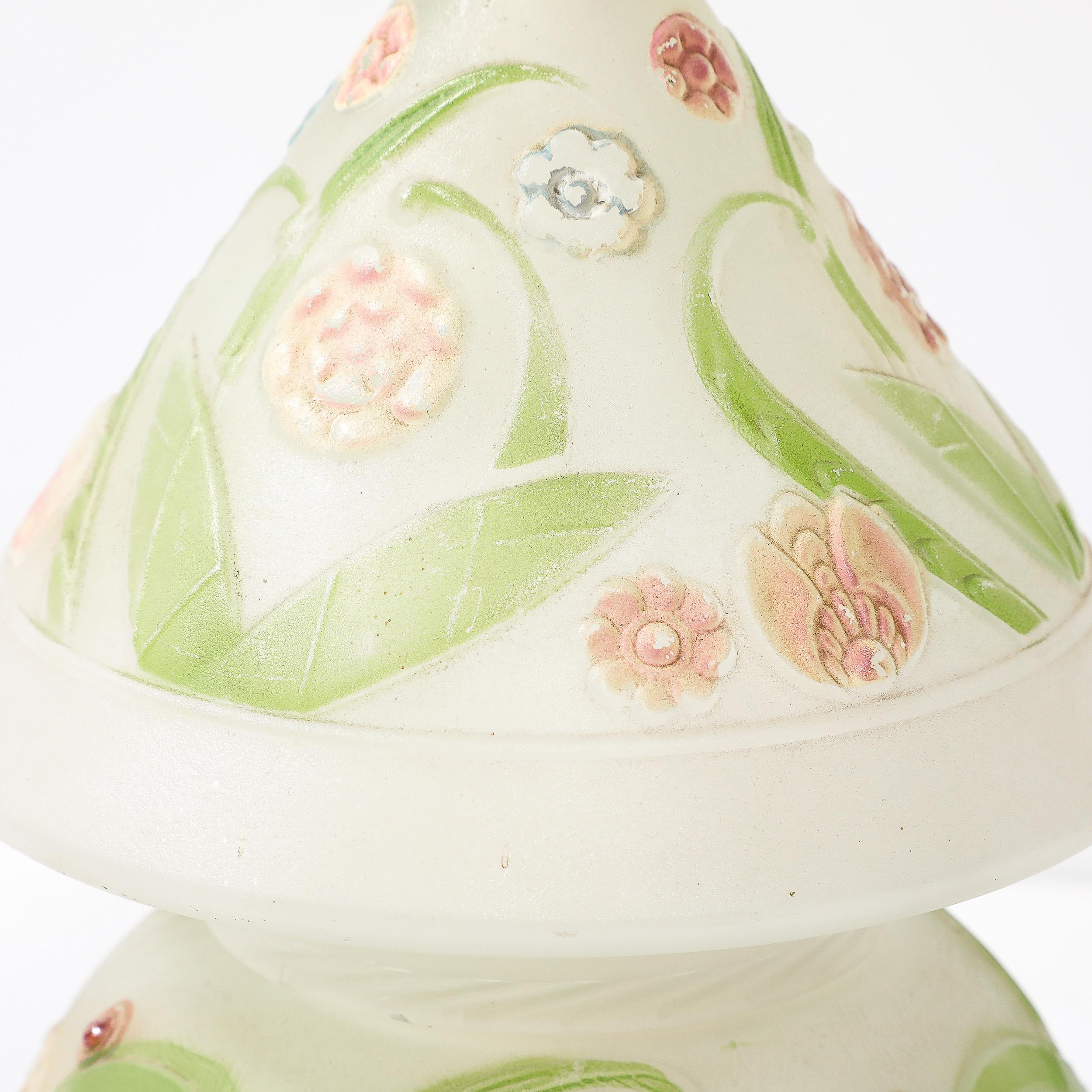 Art Deco Frosted Glass Table Lamp W/ Hand-Painted Floral Motif 7