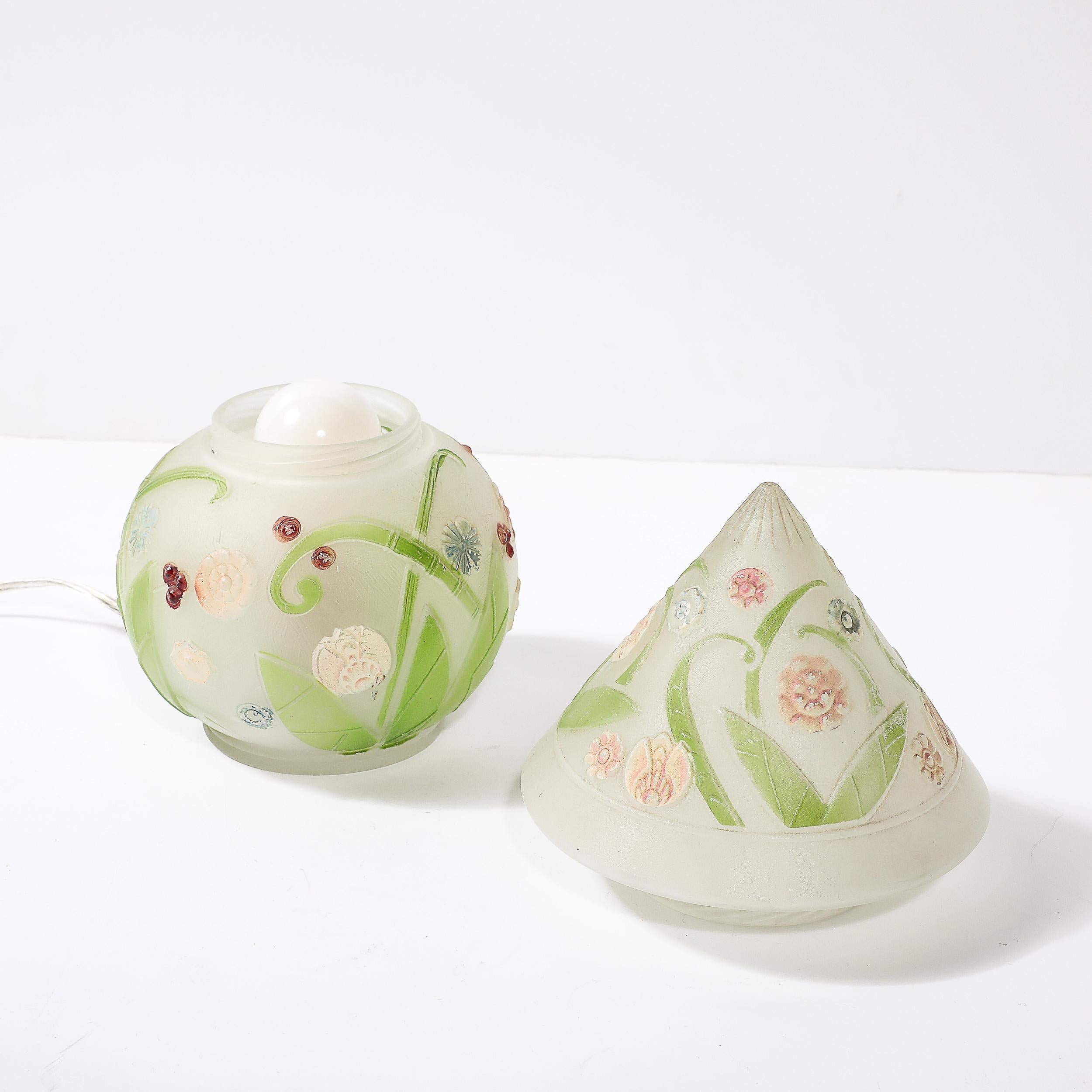 Art Deco Frosted Glass Table Lamp W/ Hand-Painted Floral Motif 9