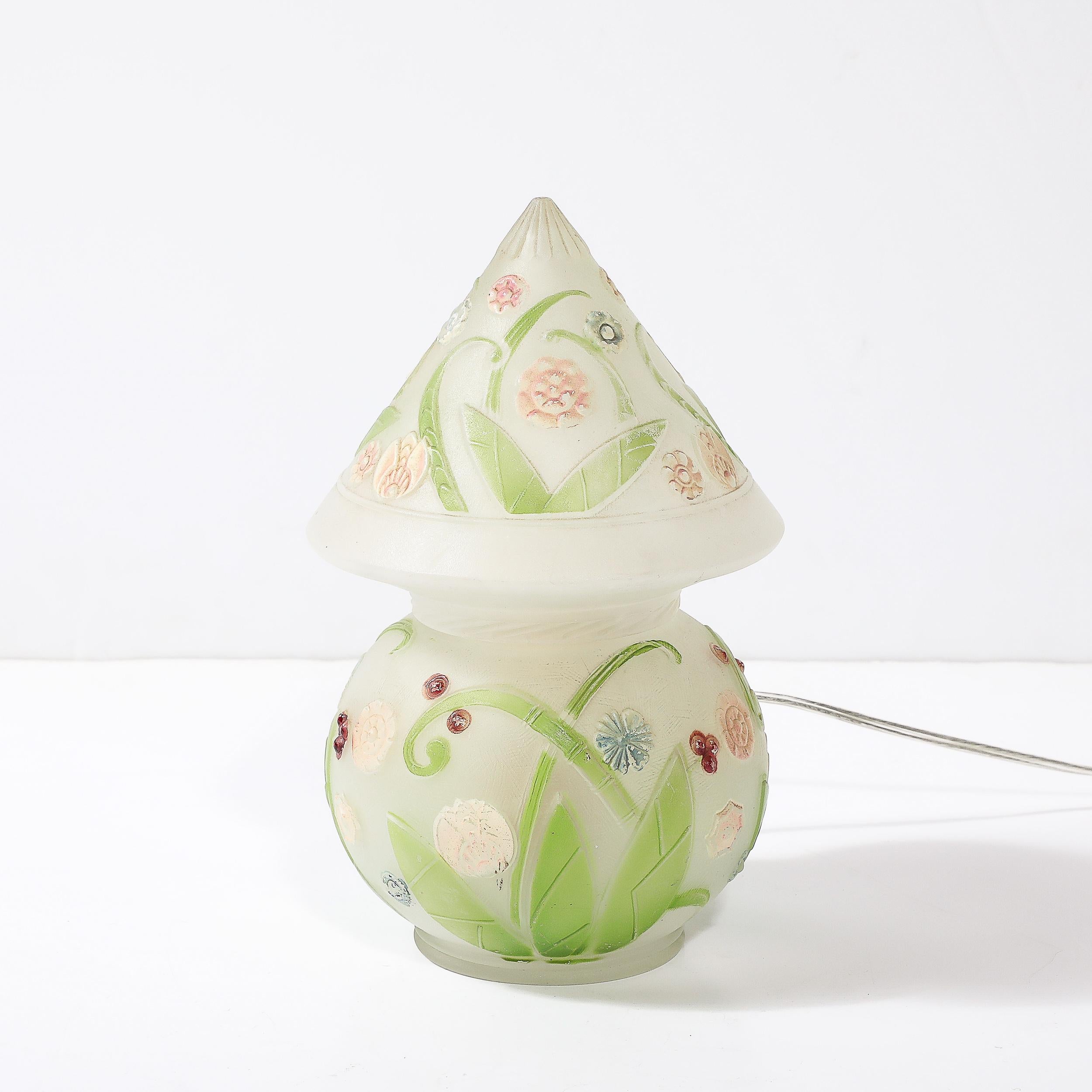 American Art Deco Frosted Glass Table Lamp W/ Hand-Painted Floral Motif
