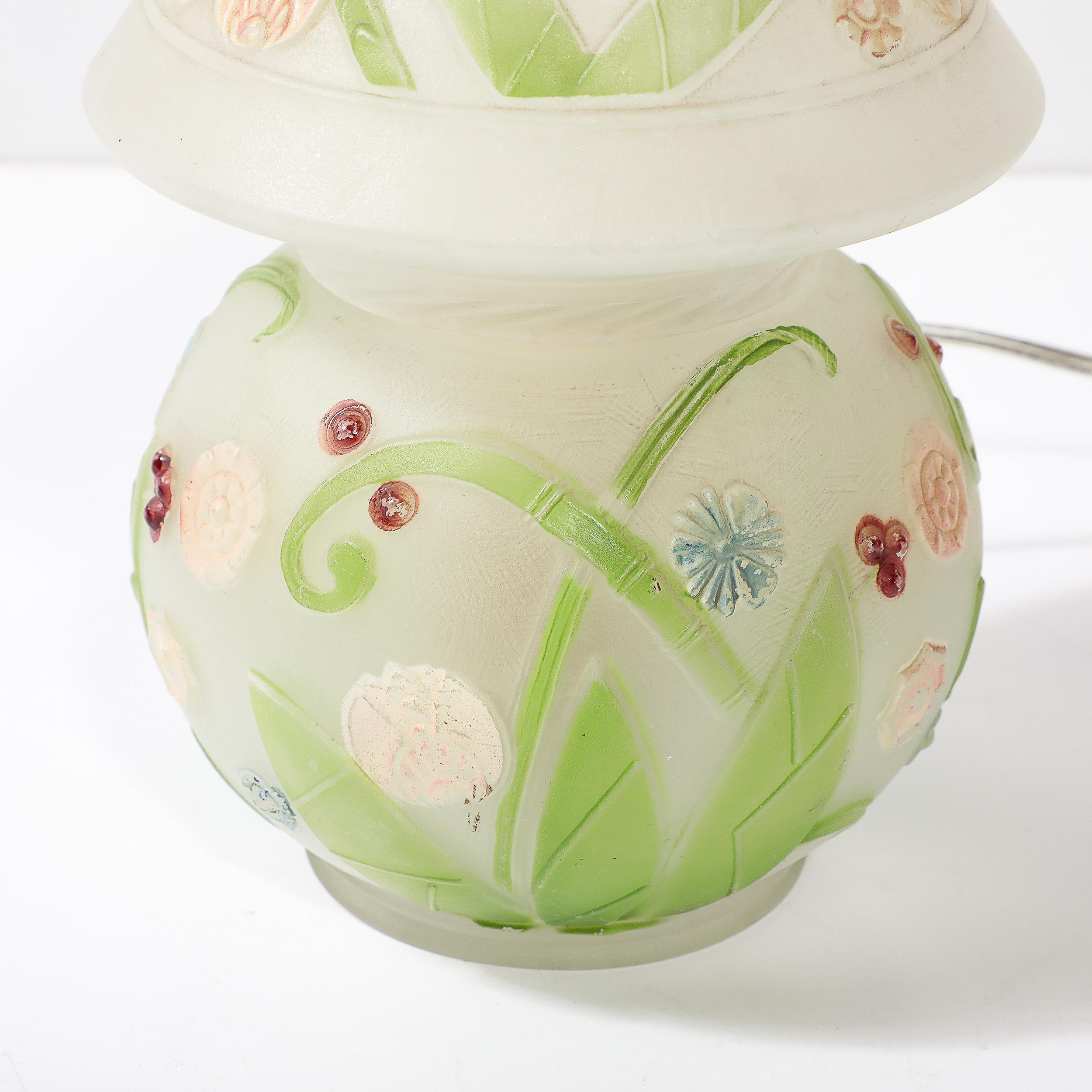 Art Deco Frosted Glass Table Lamp W/ Hand-Painted Floral Motif In Excellent Condition In New York, NY