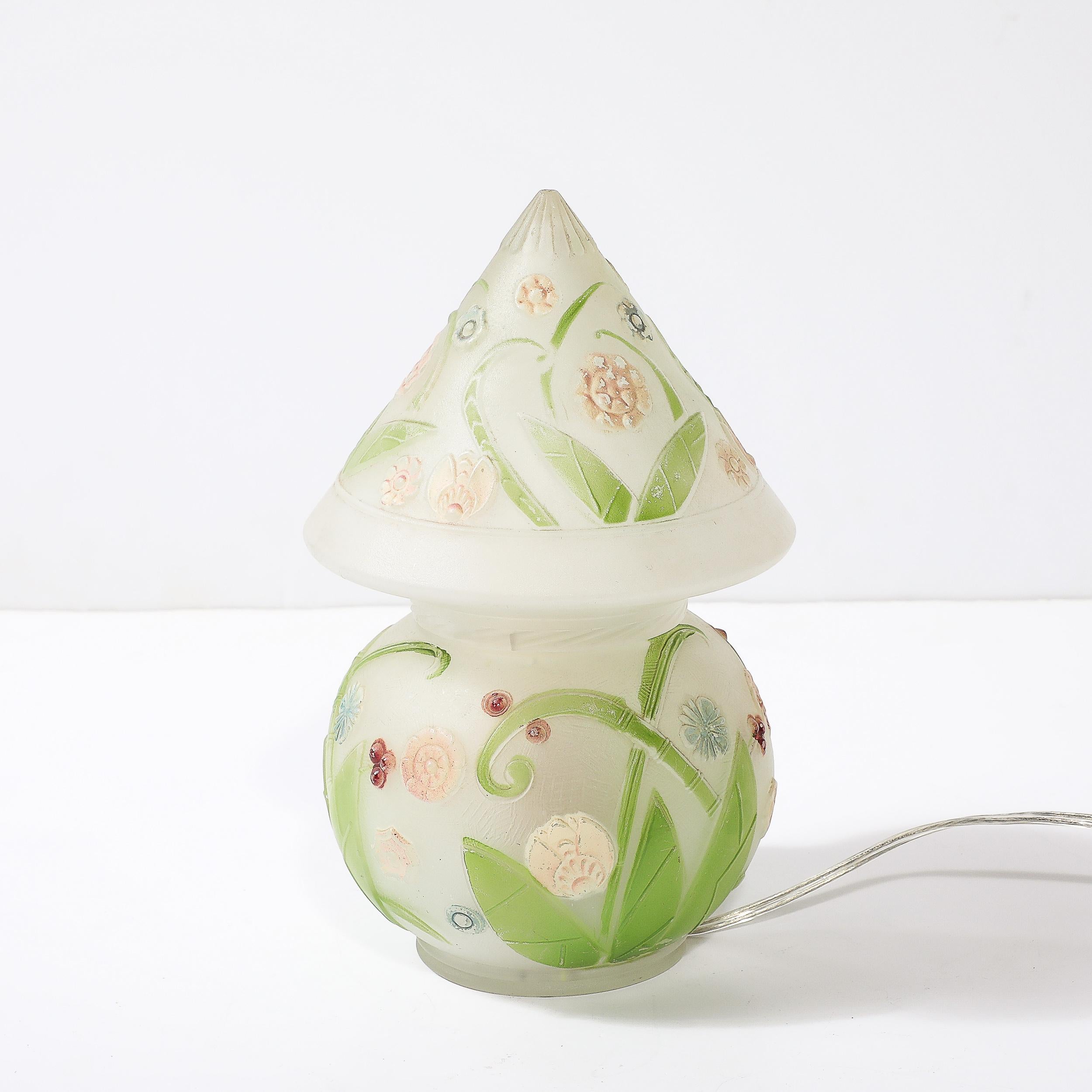 Mid-20th Century Art Deco Frosted Glass Table Lamp W/ Hand-Painted Floral Motif