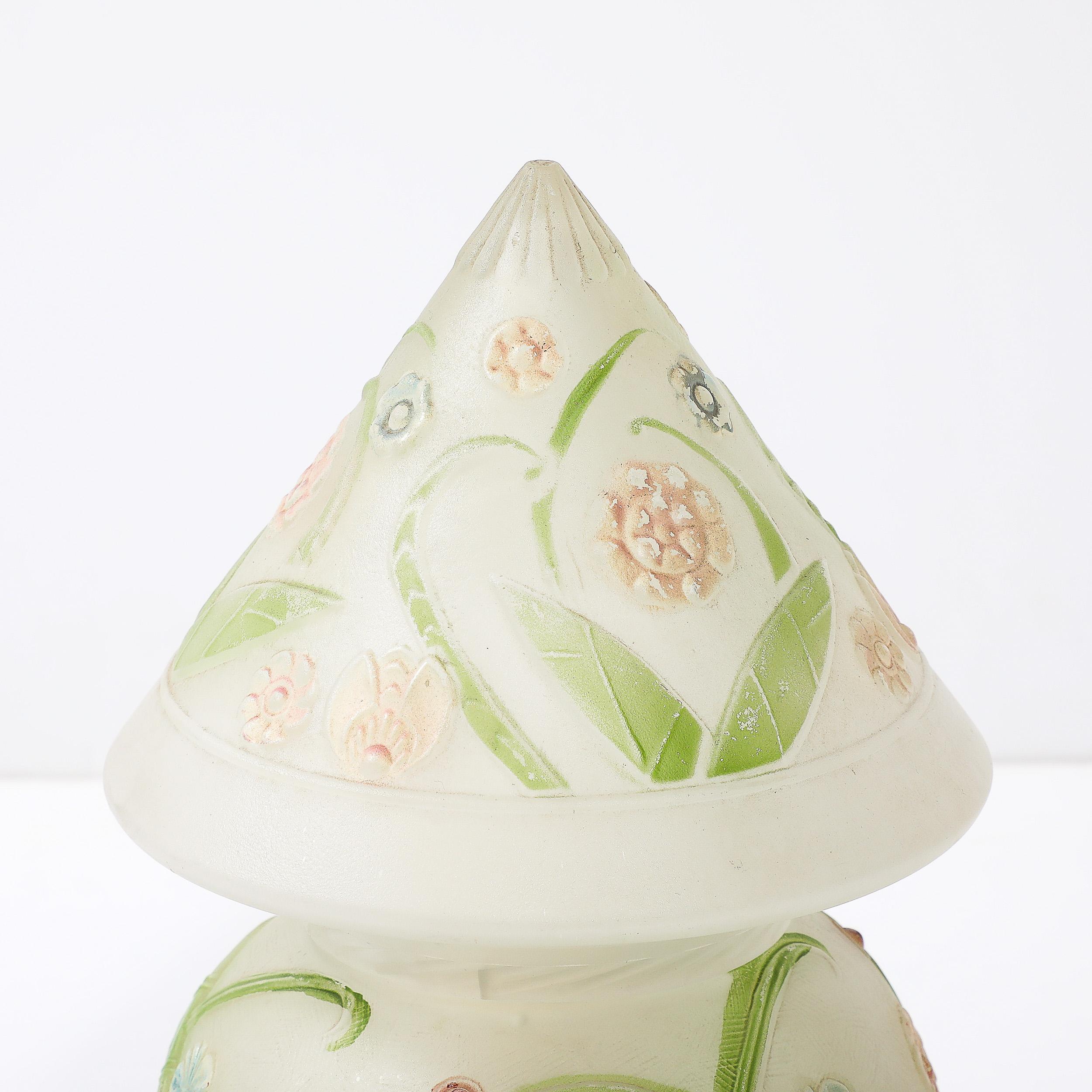 Art Deco Frosted Glass Table Lamp W/ Hand-Painted Floral Motif 1