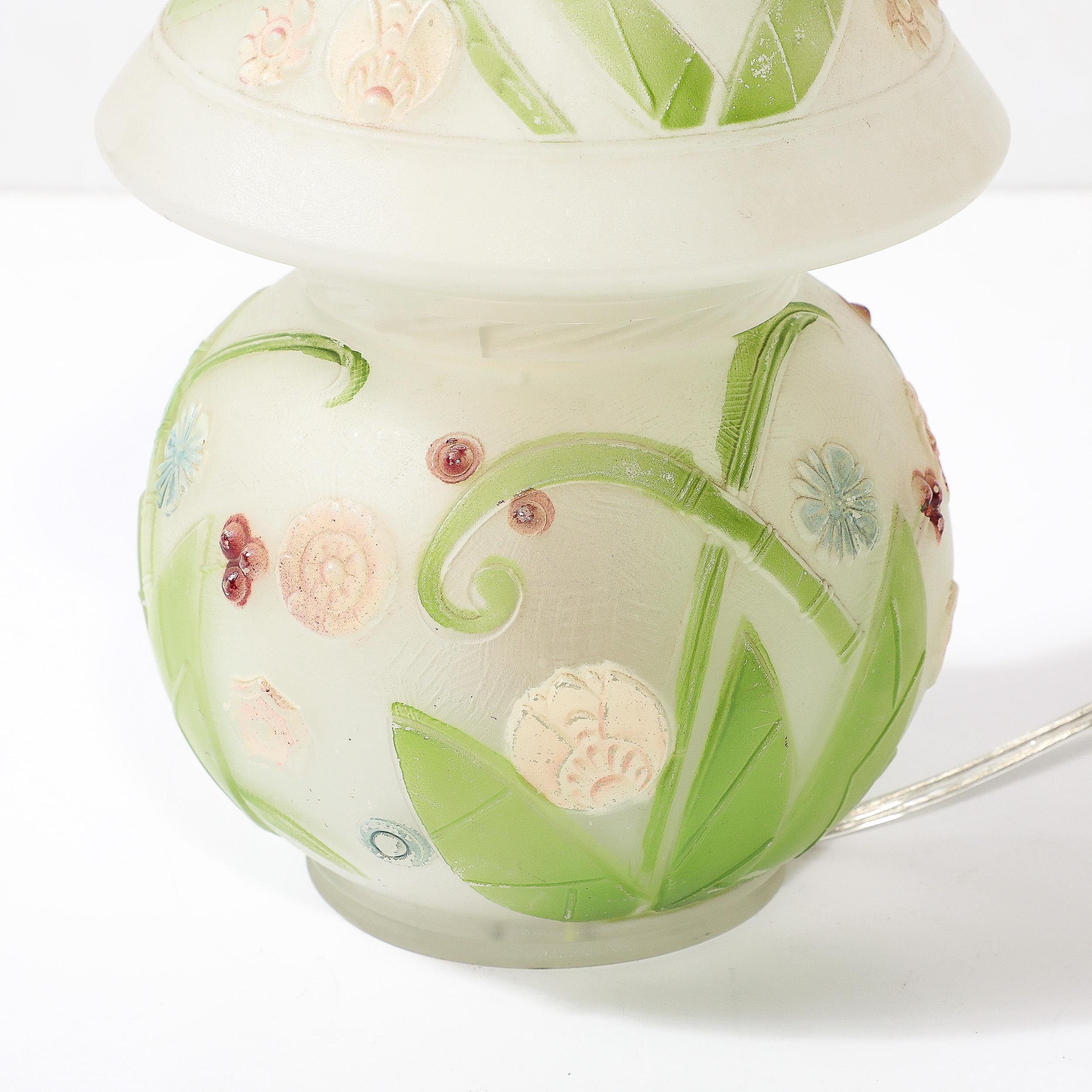 Art Deco Frosted Glass Table Lamp W/ Hand-Painted Floral Motif 2