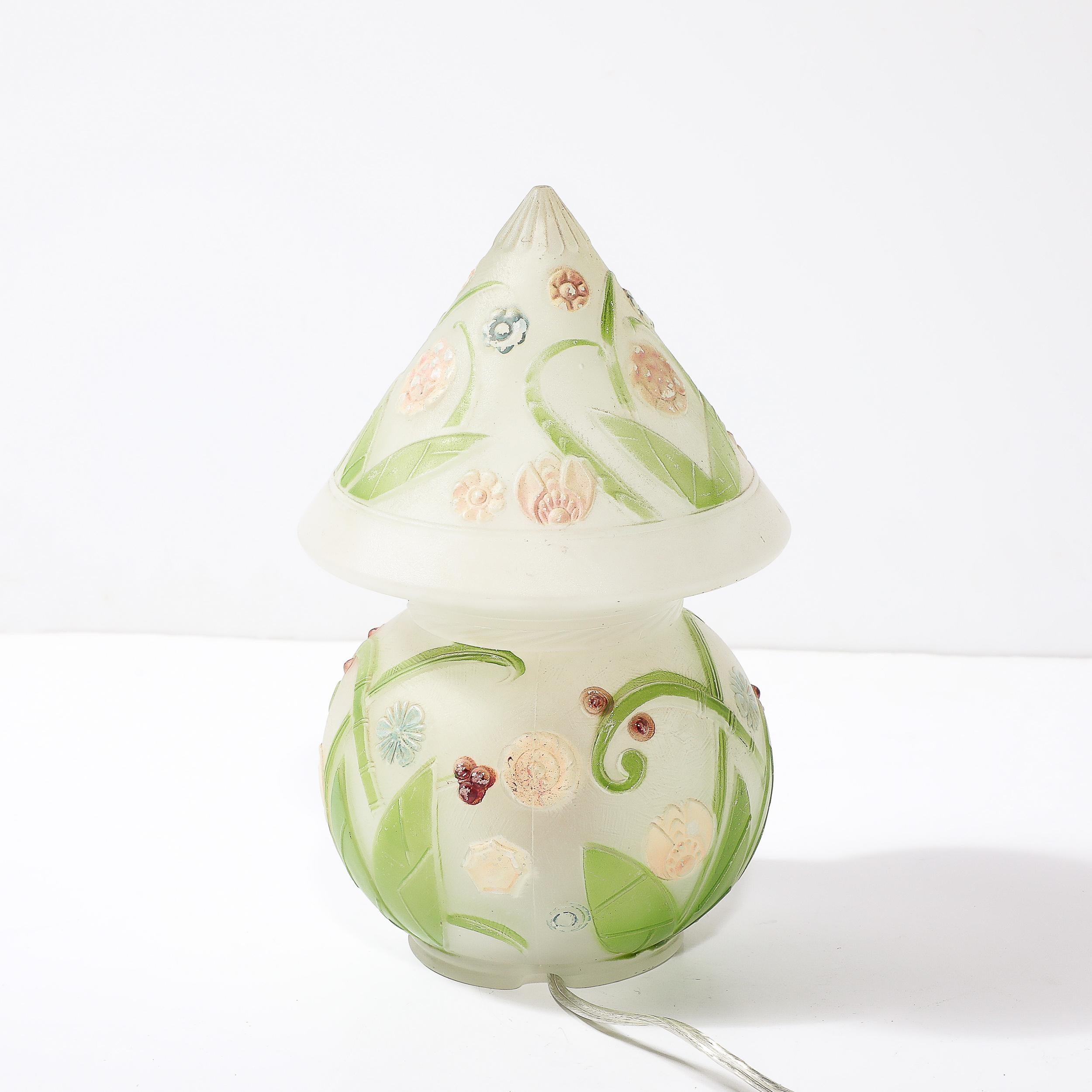 Art Deco Frosted Glass Table Lamp W/ Hand-Painted Floral Motif 3