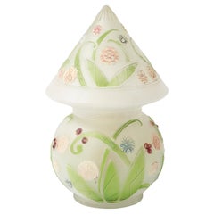 Art Deco Frosted Glass Table Lamp W/ Hand-Painted Floral Motif