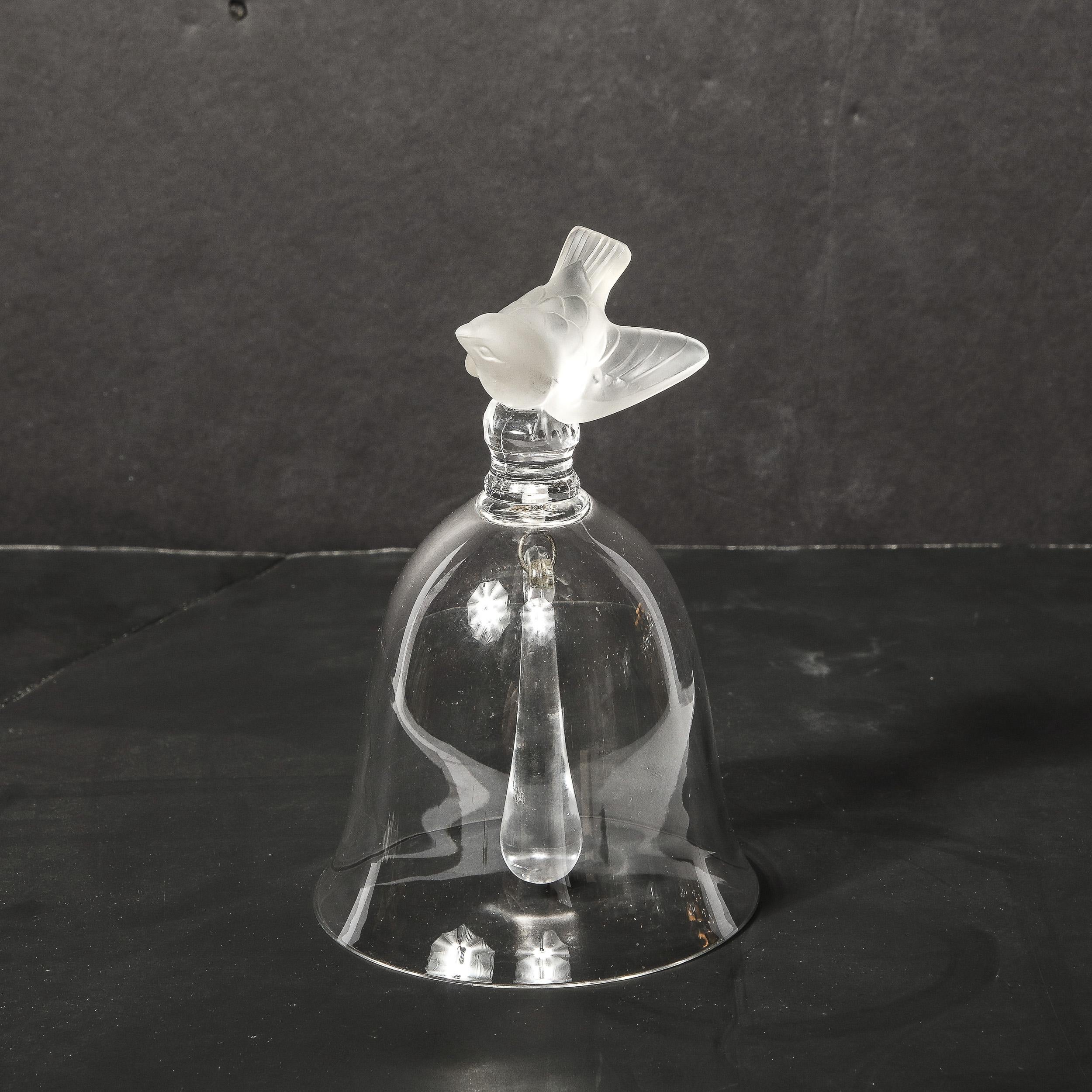 French Art Deco Frosted Glass & Transluscent Bell w/ Scultped Sparrow Handle by Lalique