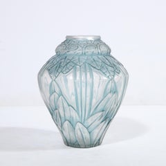 Art Deco Frosted Glass Vase with Floral and Banded Detailing by Andre Hunebelle
