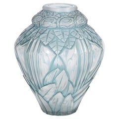 Art Deco Frosted Glass Vase with Floral and Banded Detailing by Andre Hunebelle