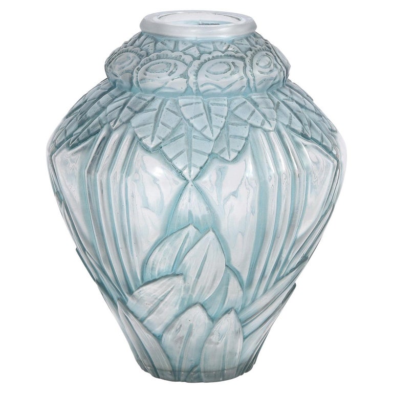 Art Deco Frosted Glass Vase With Floral and Banded Detailing by Andre