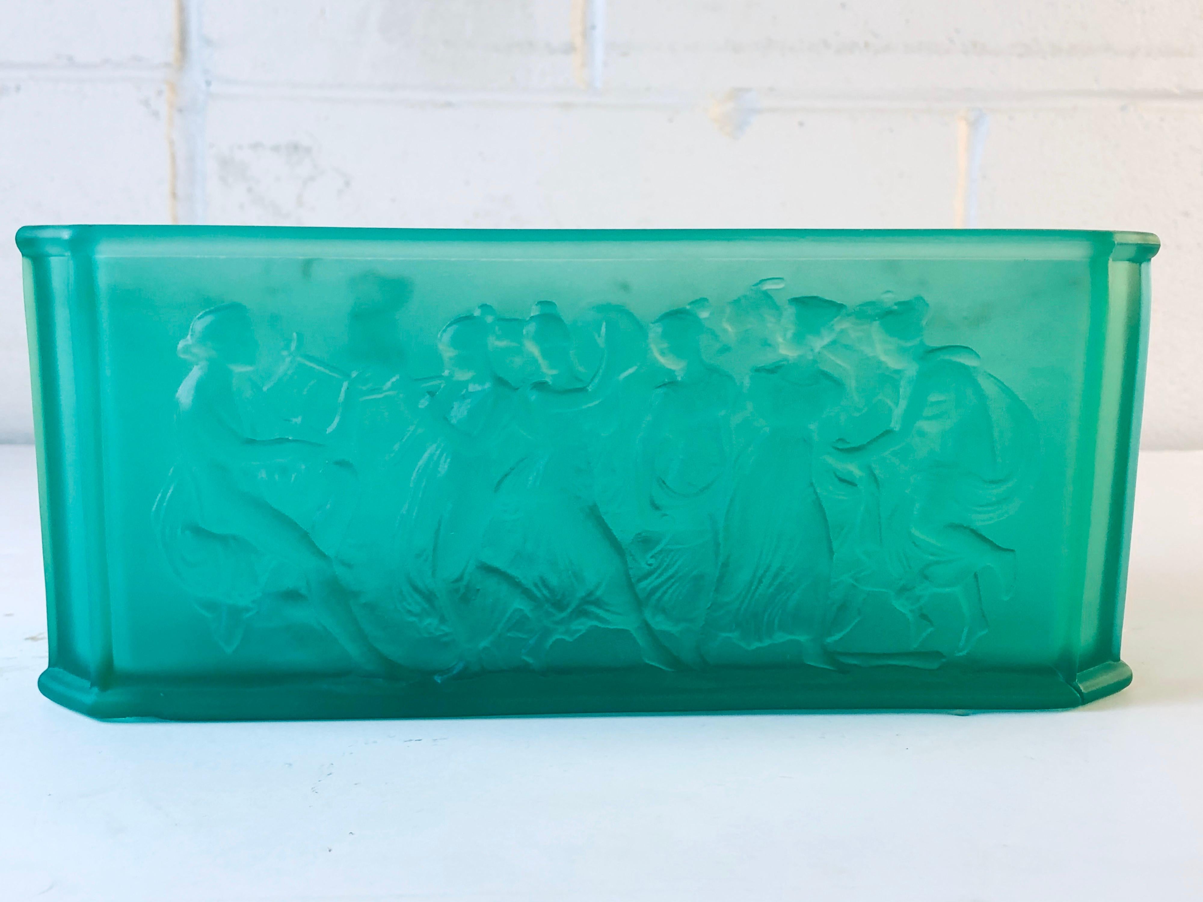Vintage Art Deco frosted green glass rectangular vase or planter. The vase has a beautiful green color and nymph scenes all around the vase.