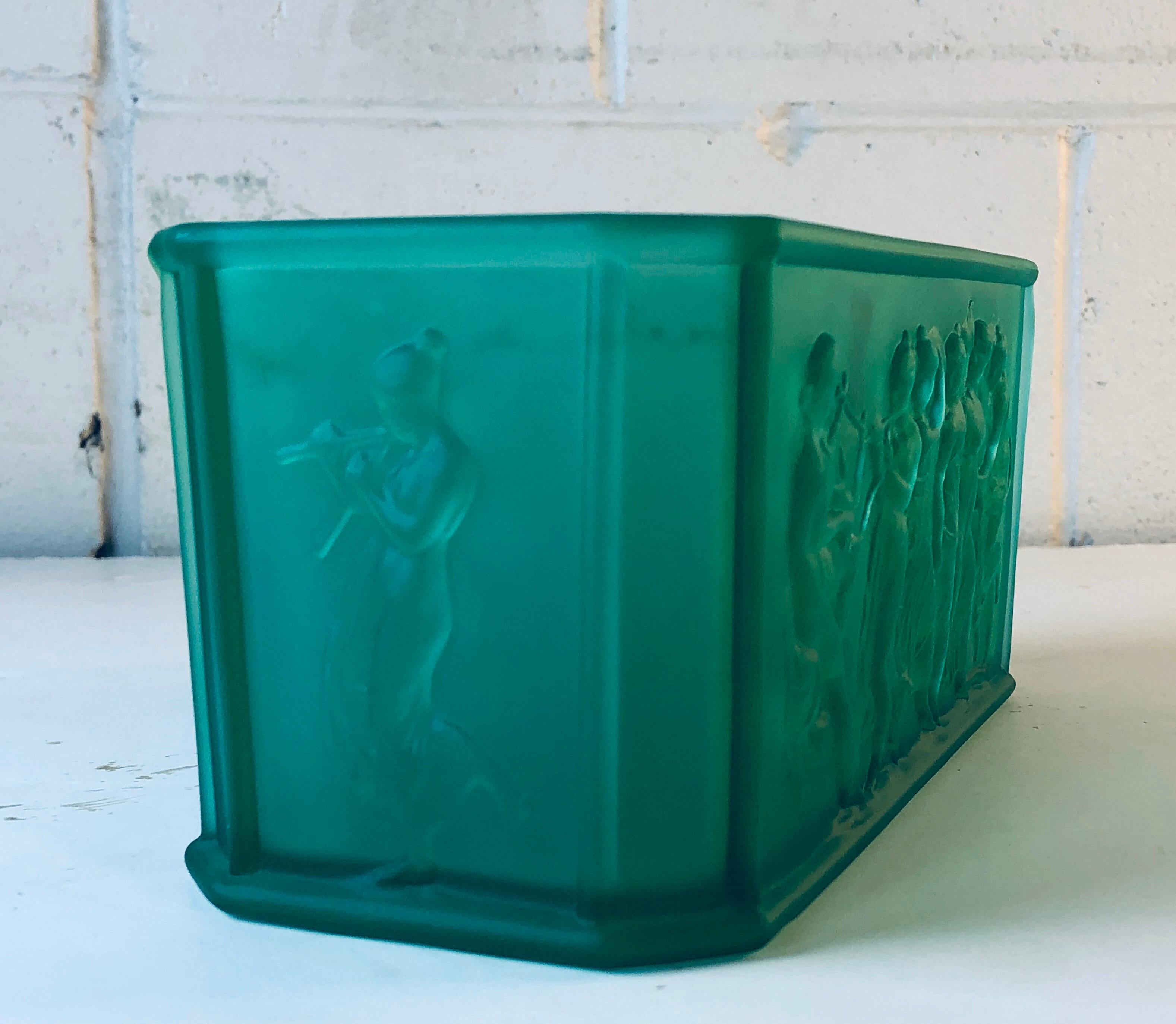 Art Deco Frosted Green Glass Nymph Scene Vase In Good Condition In Amherst, NH