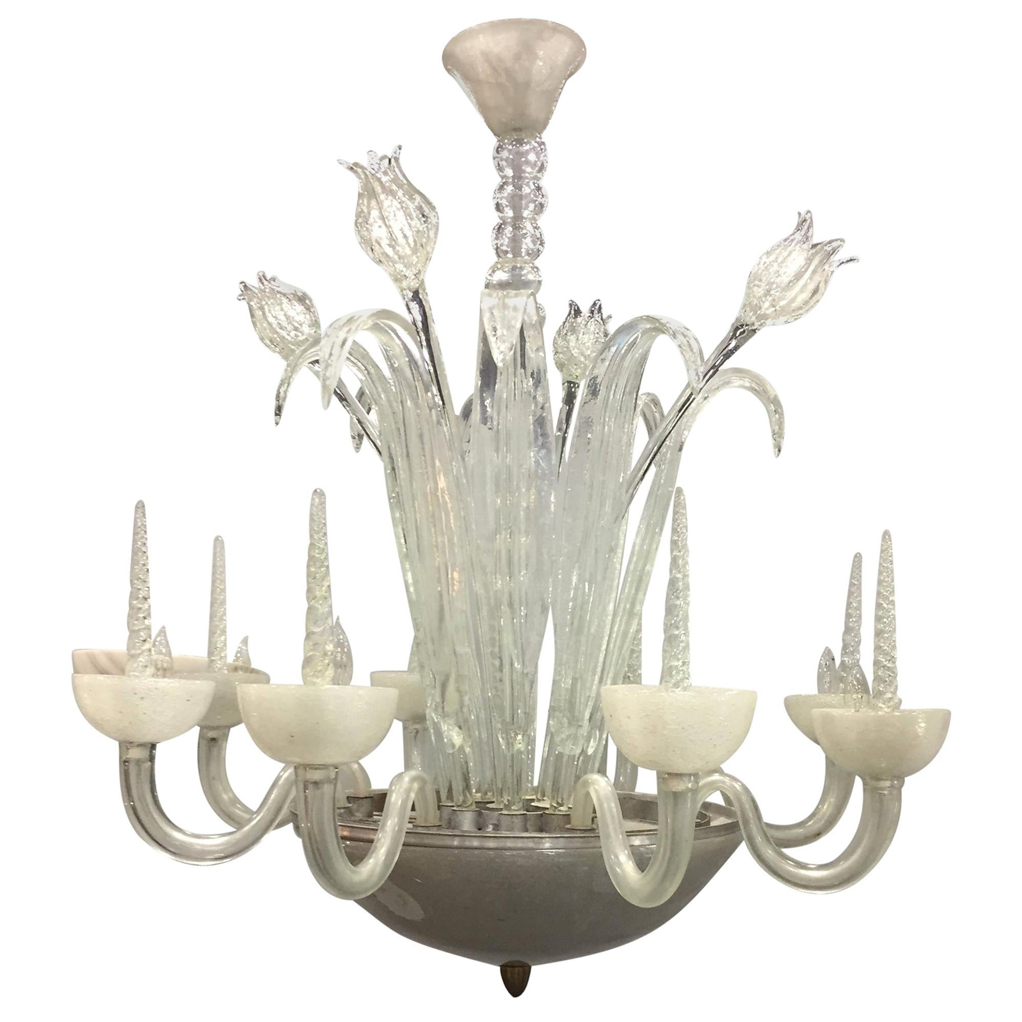 Italian White Art Deco Frosted Hand Blown Glass Eight Armed Murano Chandelier For Sale