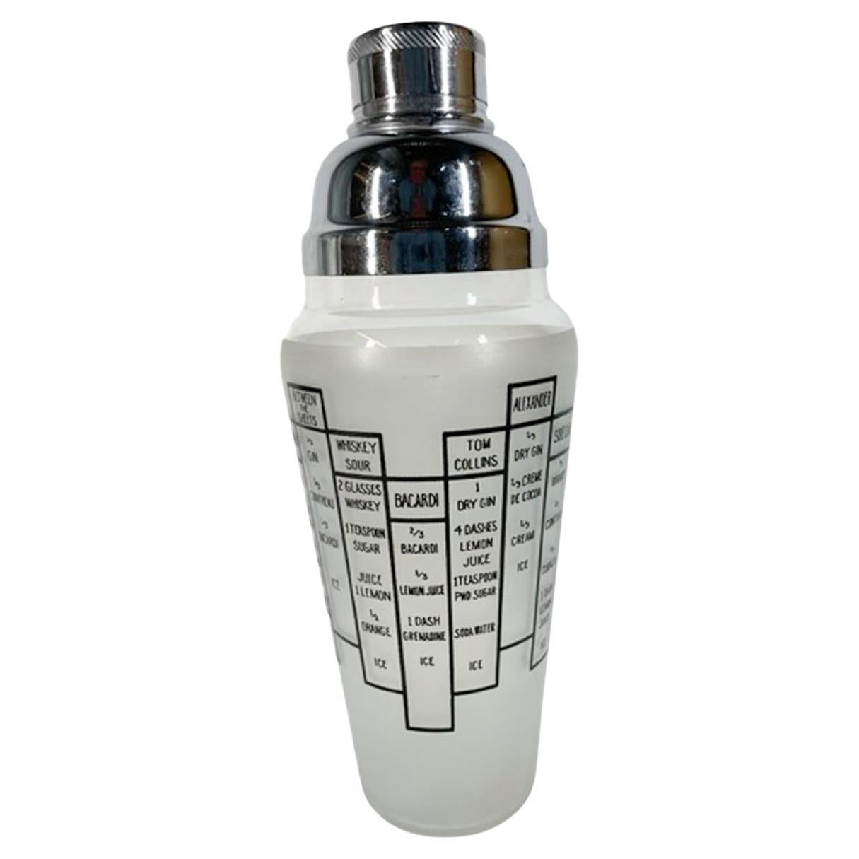 Art Deco Frosted Recipe Cocktail Shaker with 2 Panels of 7 Recipes Each