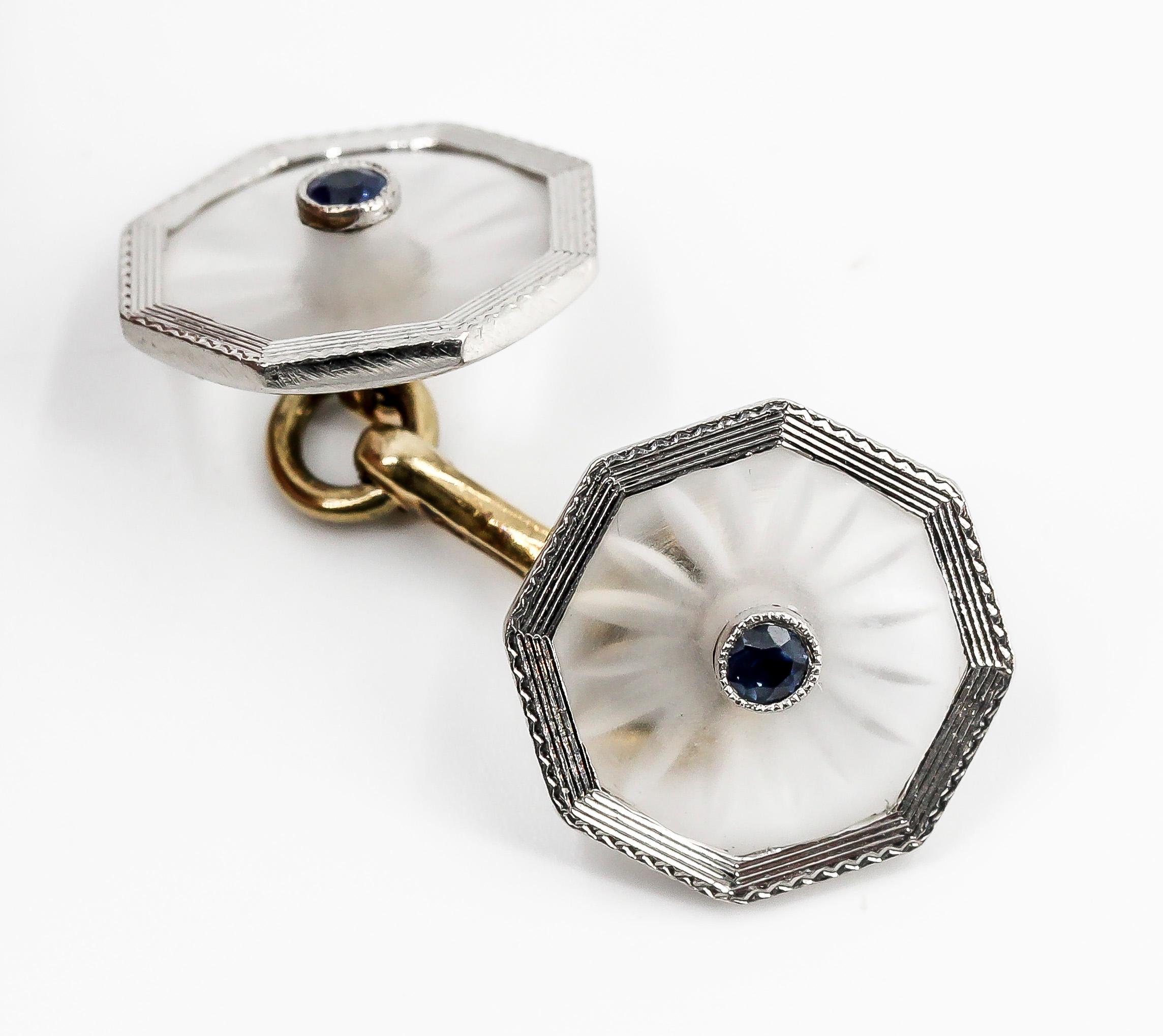 Men's Art Deco Frosted Rock Crystal, Sapphire, Platinum and Gold Cufflinks Stud Set