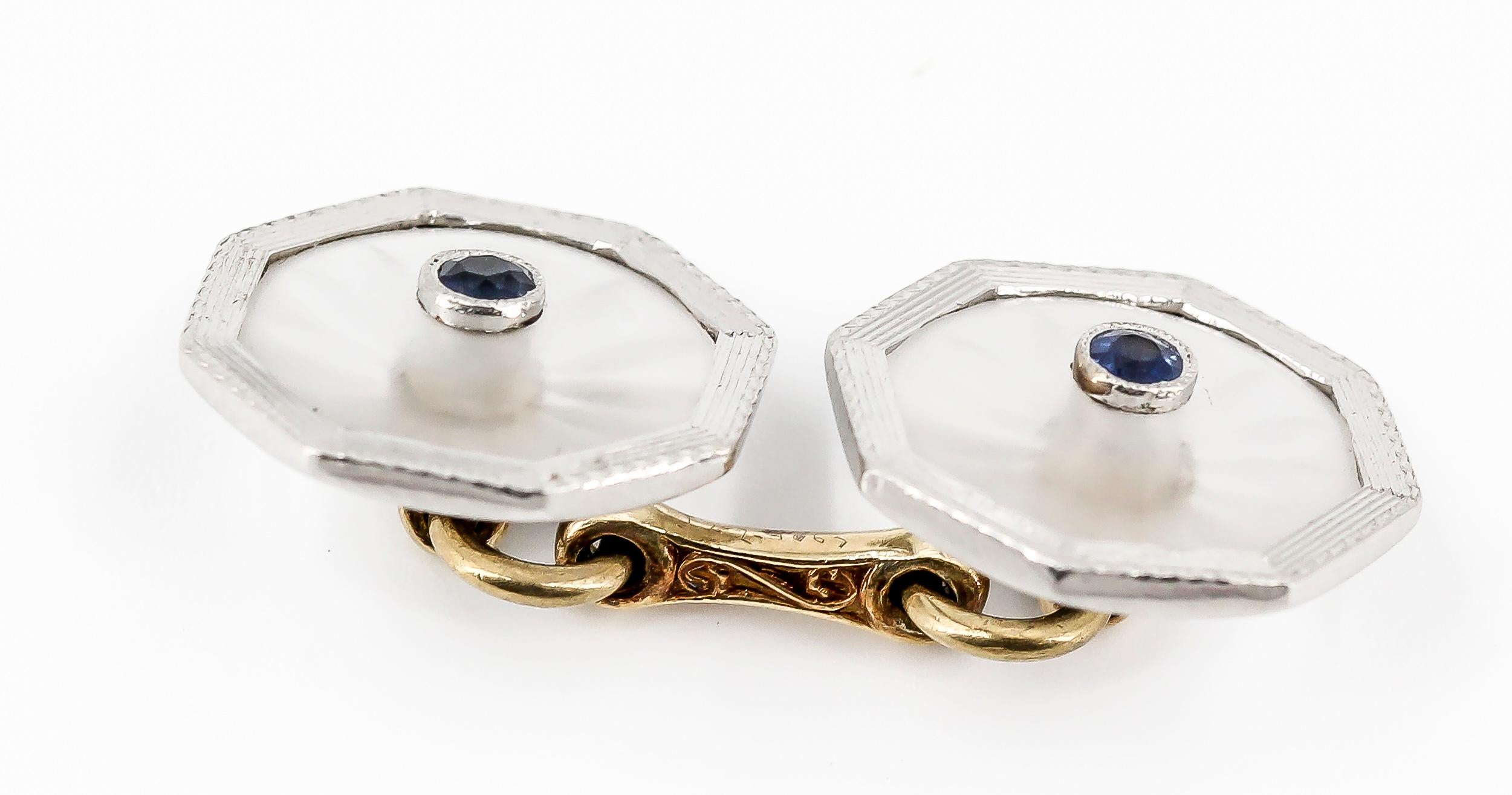 Art Deco Frosted Rock Crystal, Sapphire, Platinum and Gold Cufflinks Stud Set 1