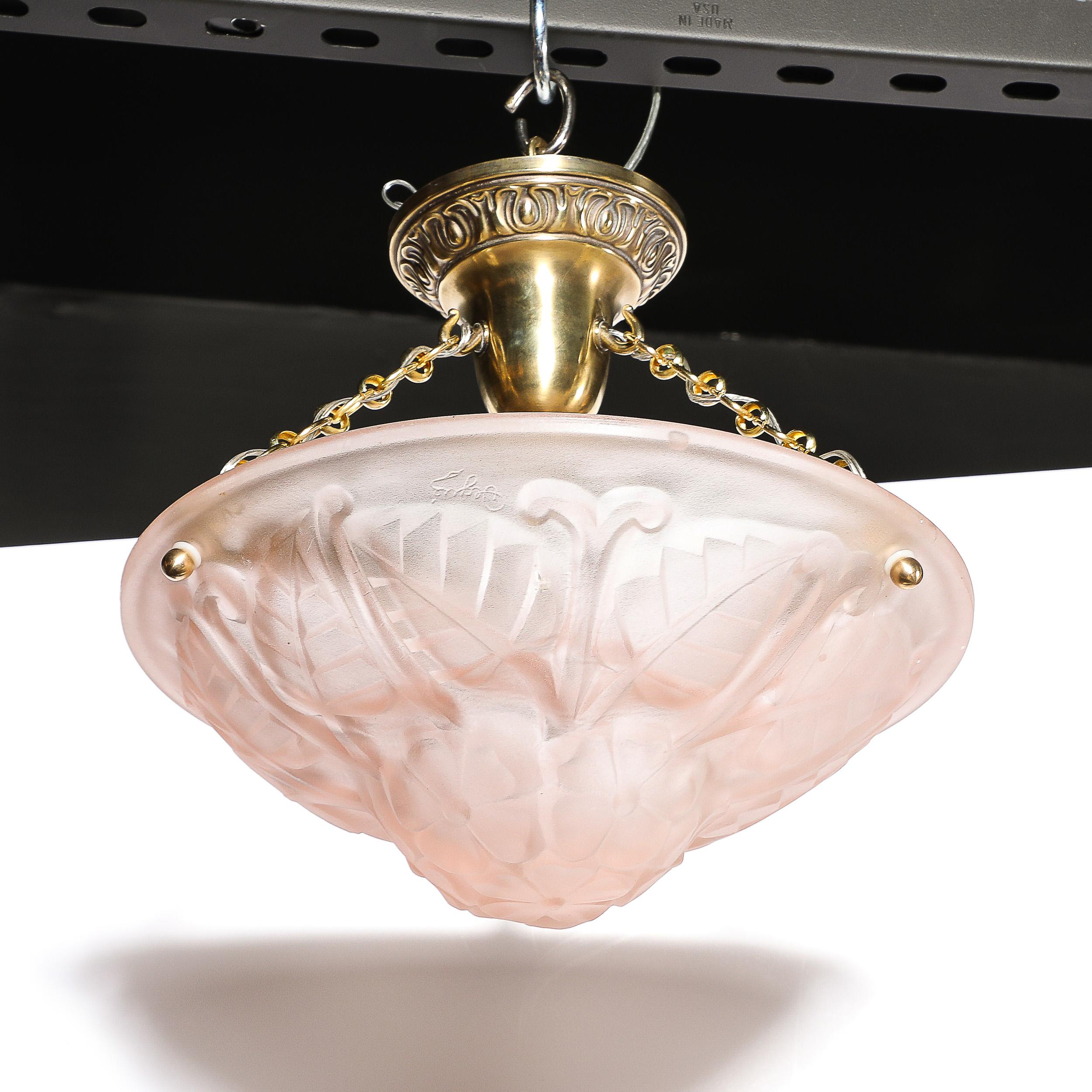 Art Deco Frosted Rose Glass Pendant Chandelier Signed Degué For Sale 4