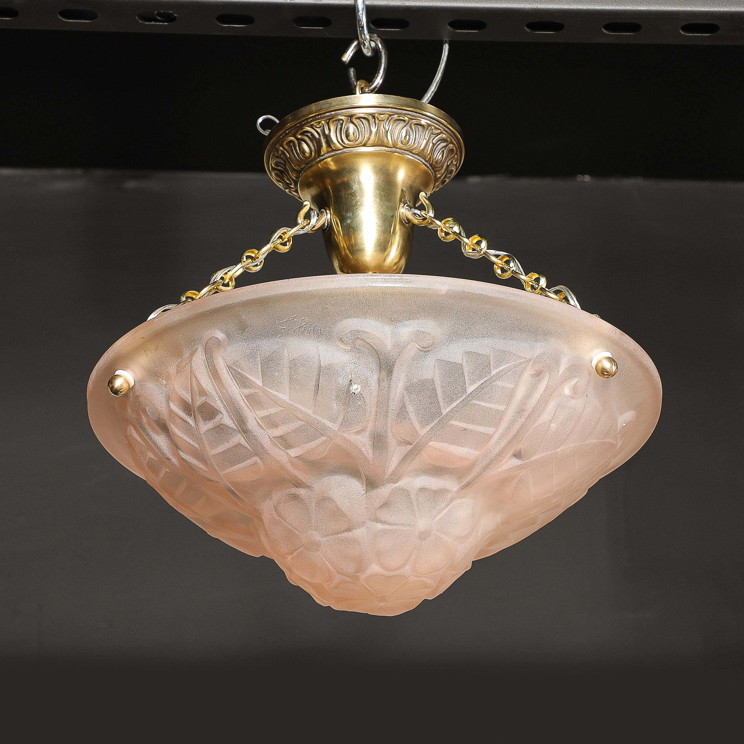 Art Deco Frosted Rose Glass Pendant Chandelier Signed Degué For Sale 5