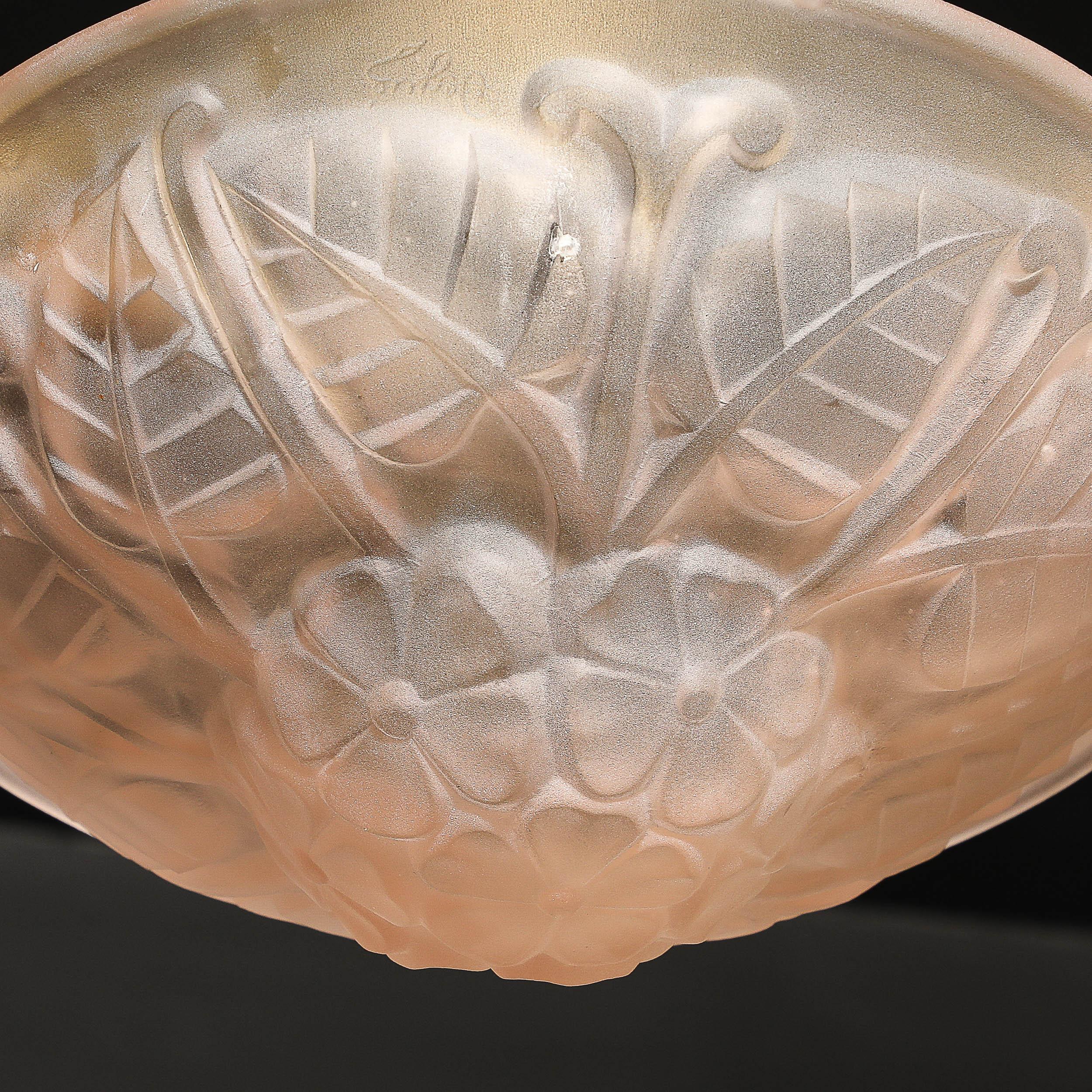 Art Deco Frosted Rose Glass Pendant Chandelier Signed Degué For Sale 6