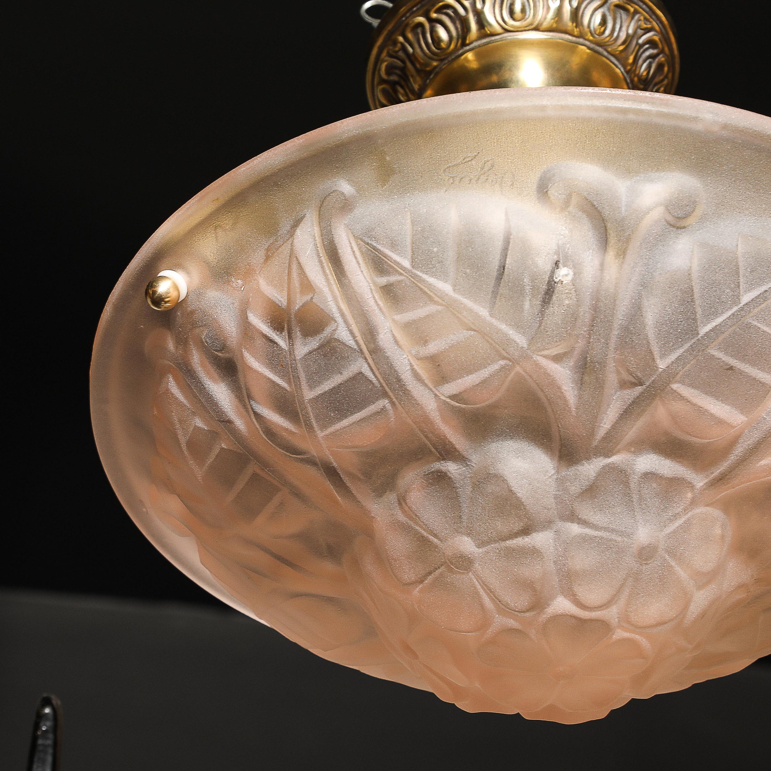 Art Deco Frosted Rose Glass Pendant Chandelier Signed Degué For Sale 7