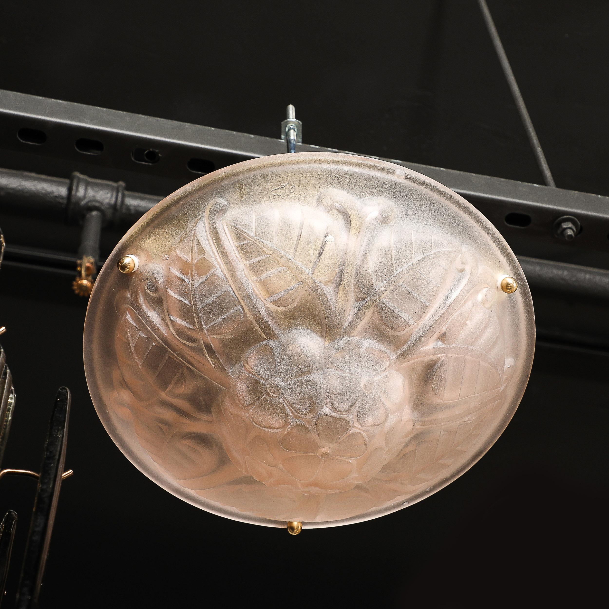 Art Deco Frosted Rose Glass Pendant Chandelier Signed Degué For Sale 8